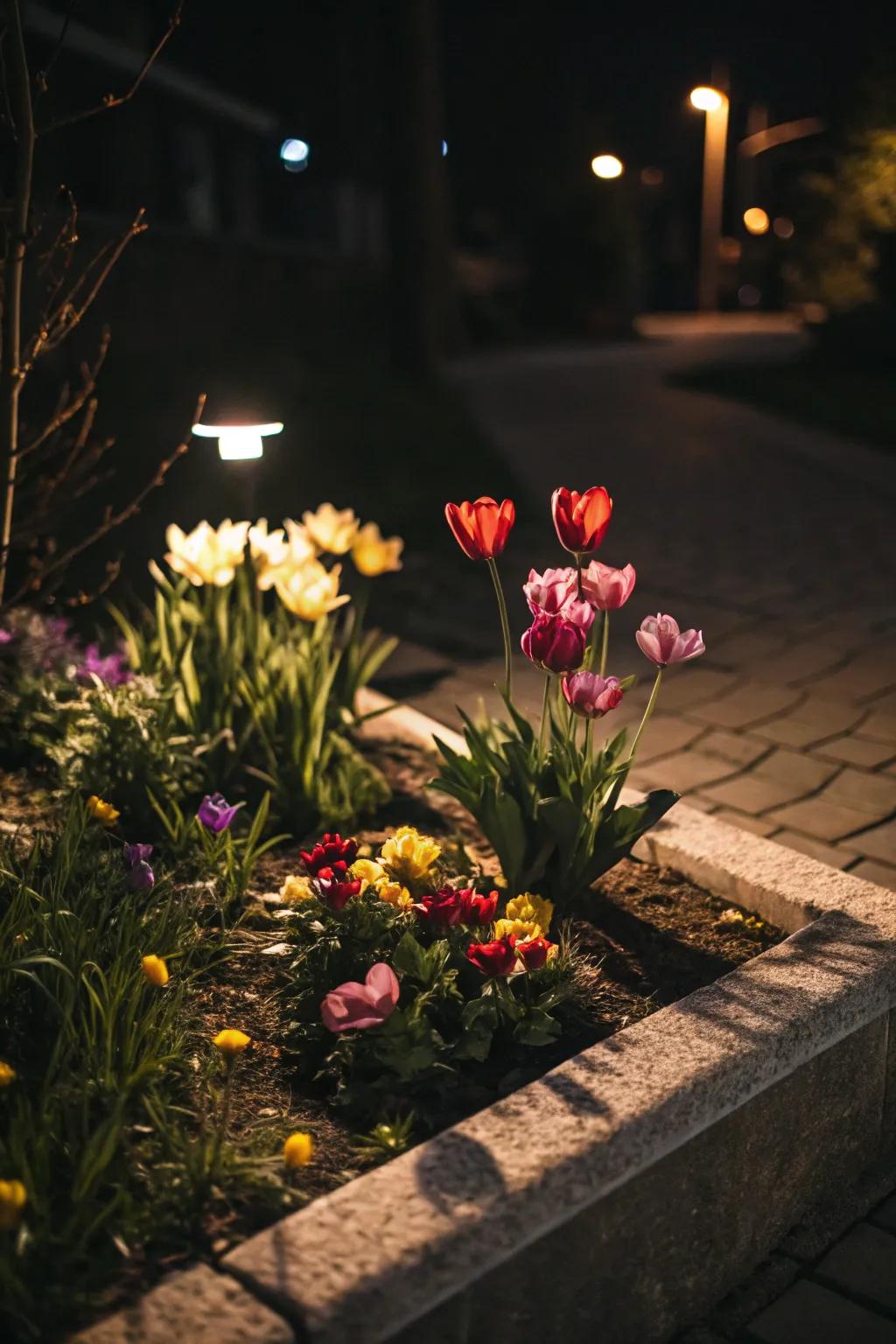 An enchanting, petite flower bed softly illuminated via solar luminaires.