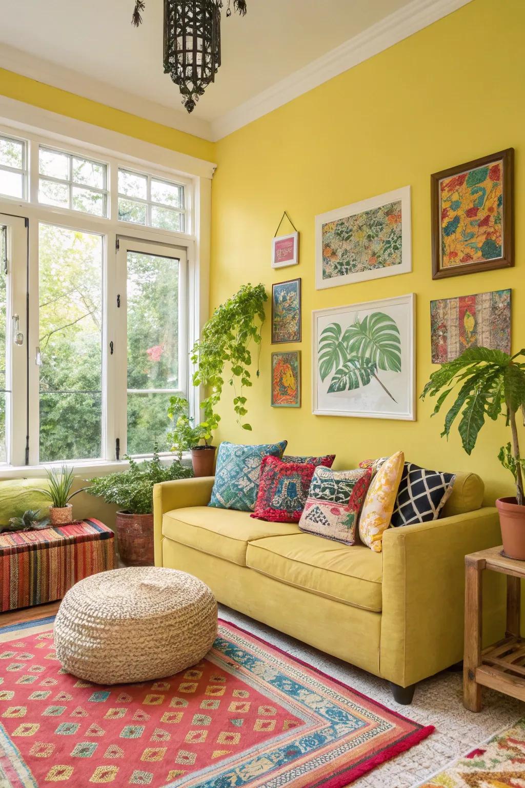 A small living room with lemon walls for a fresh burst.