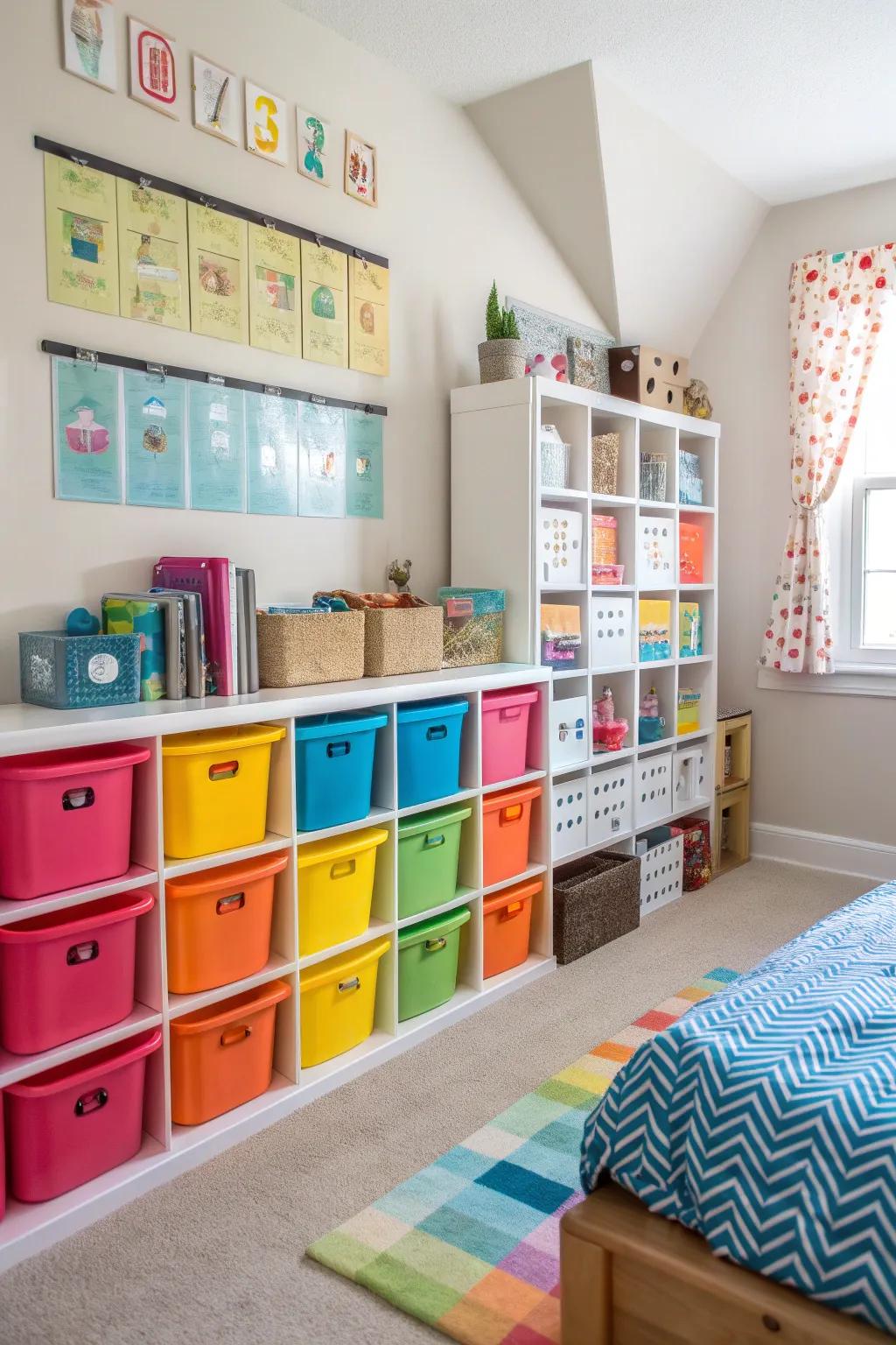 Toy storage solutions help organize.