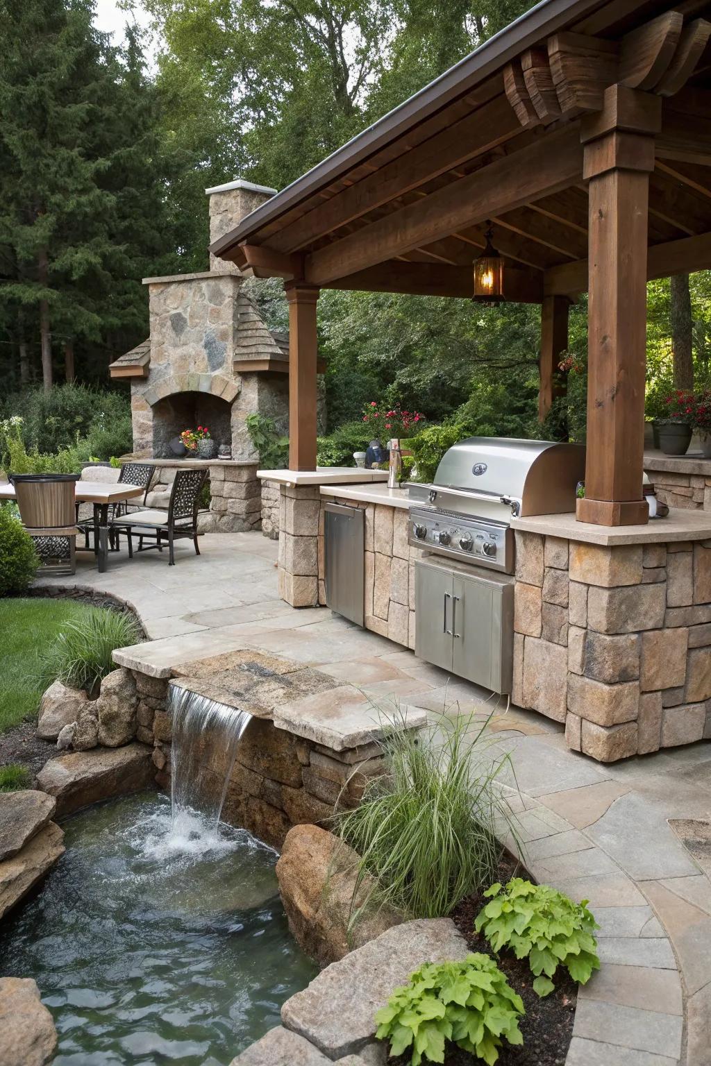 A water element introduces tranquility and charm.