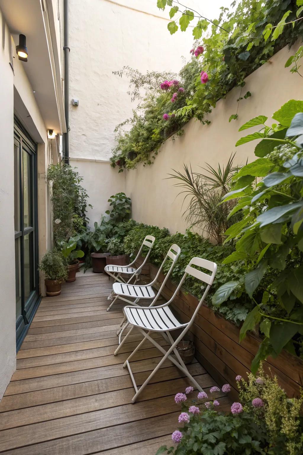 Adaptable seating choices offer flexibility on a small patio.