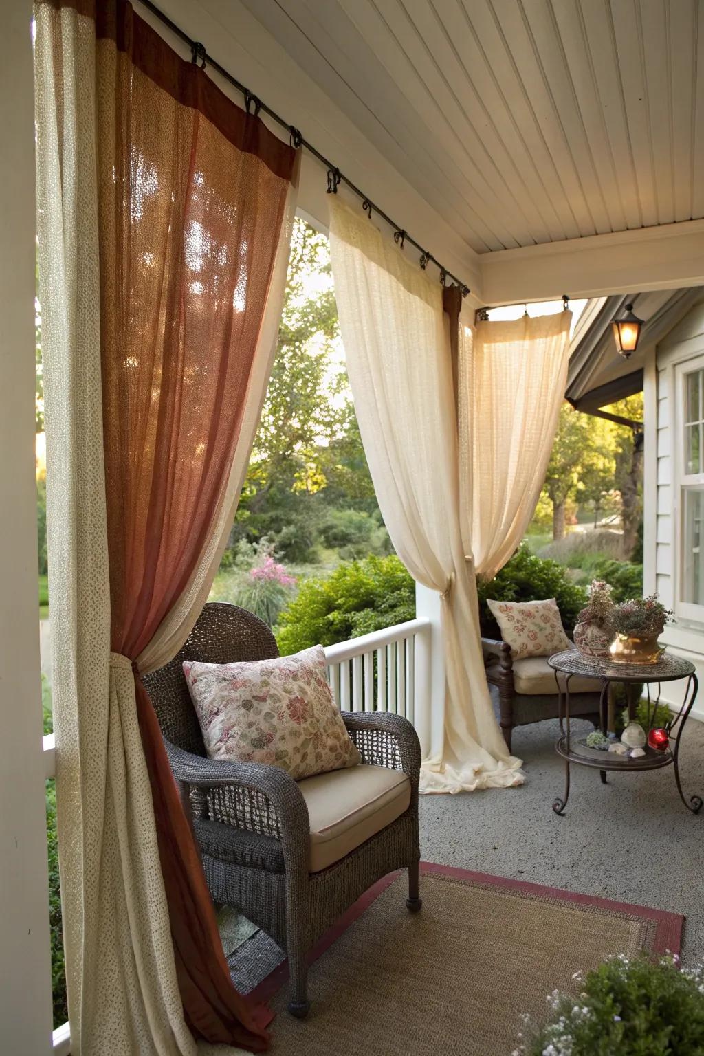 Layered draperies proffer a textured and inviting porch experience.