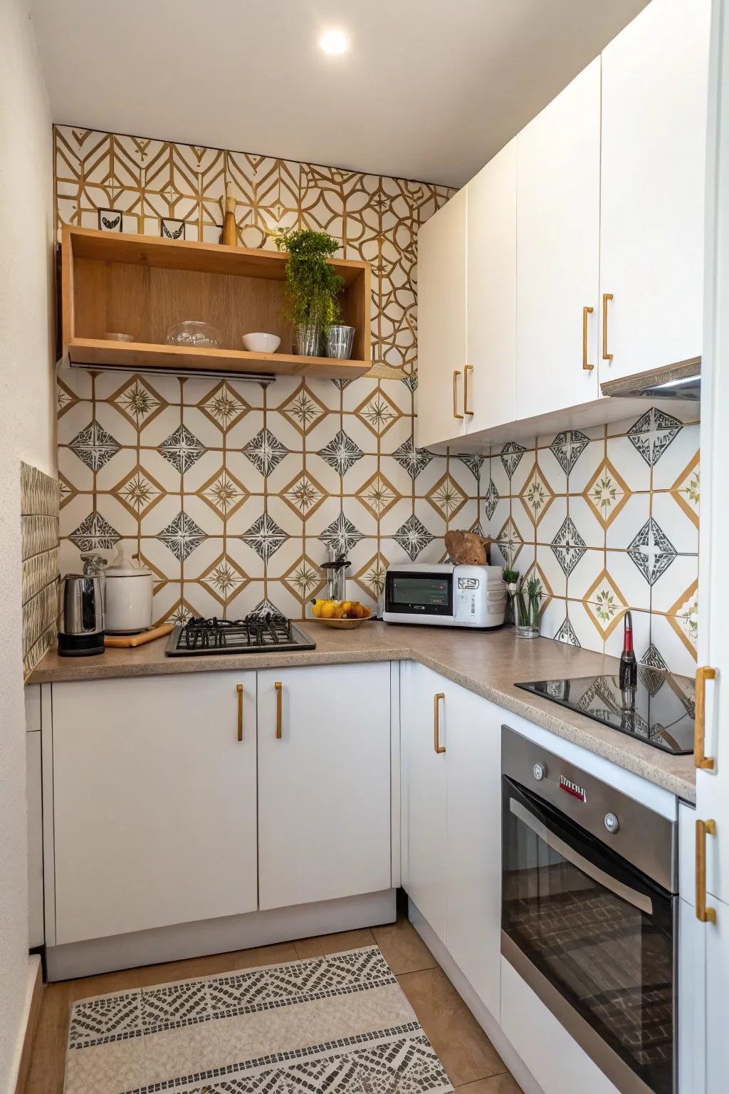Geometrical patterns enhancing style and diverting from diminutive size within small kitchens.