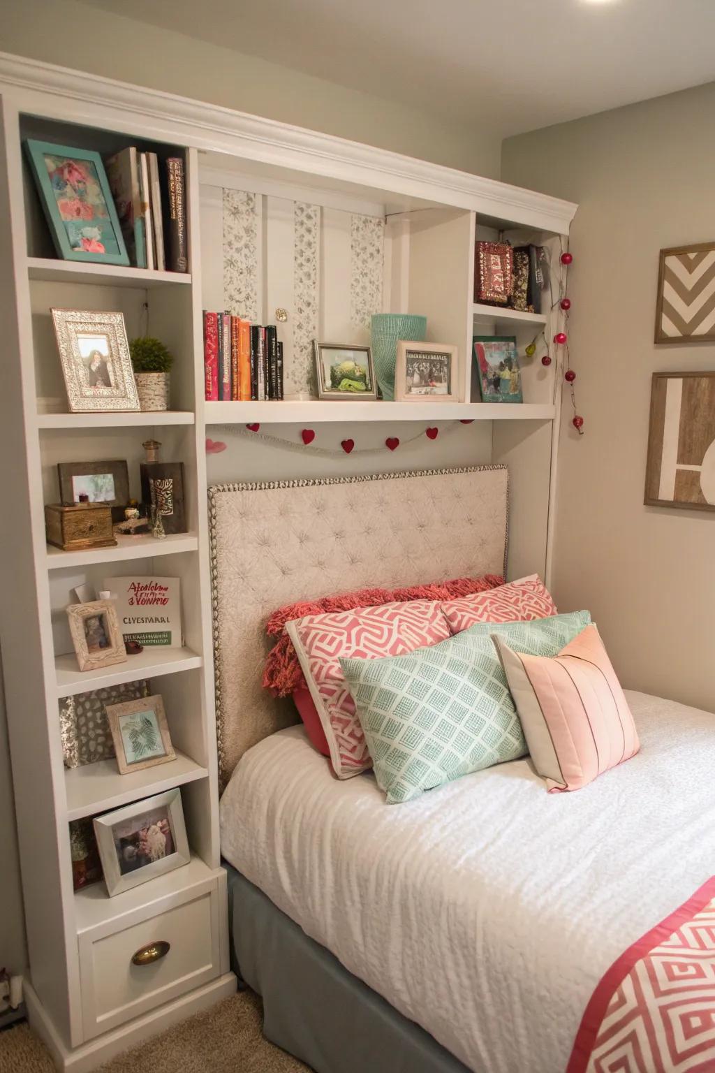 A custom headboard incorporates a personal and functional touch into the area.