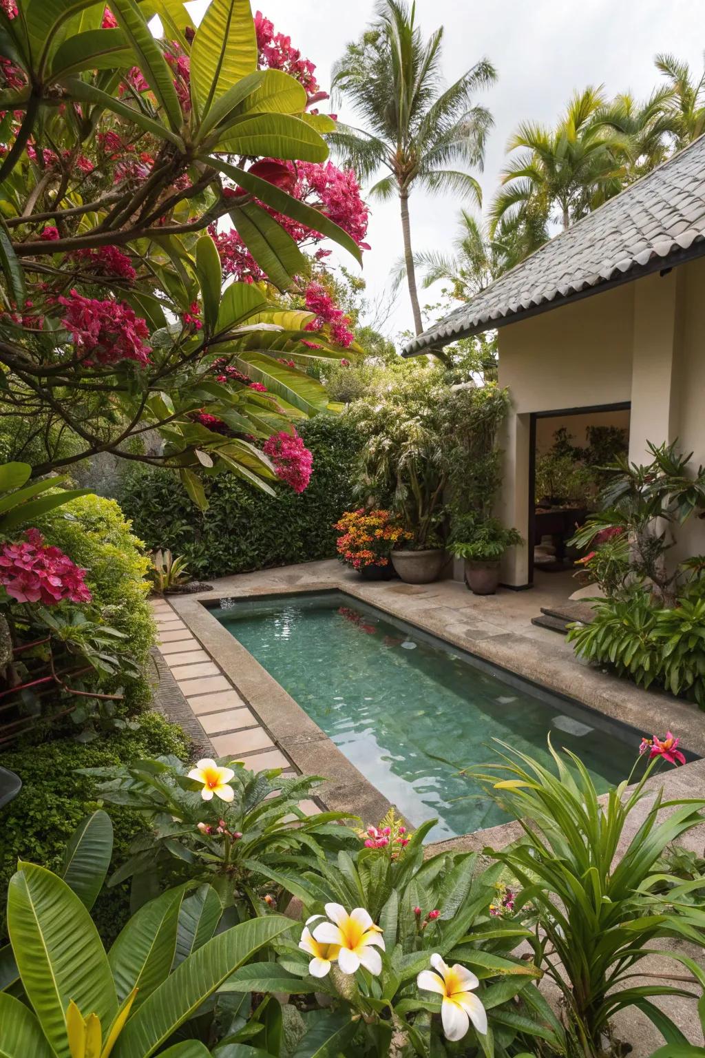 Boldly hued florals introduce striking visual interplay and fragrance to your pool precinct.
