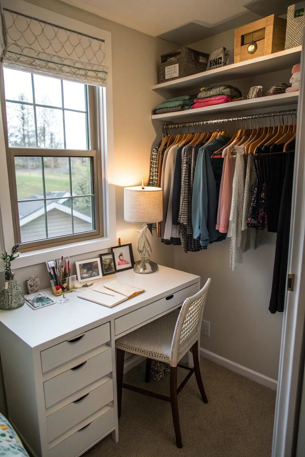 A petite desk transmutes the closet into a multifunctional domain.