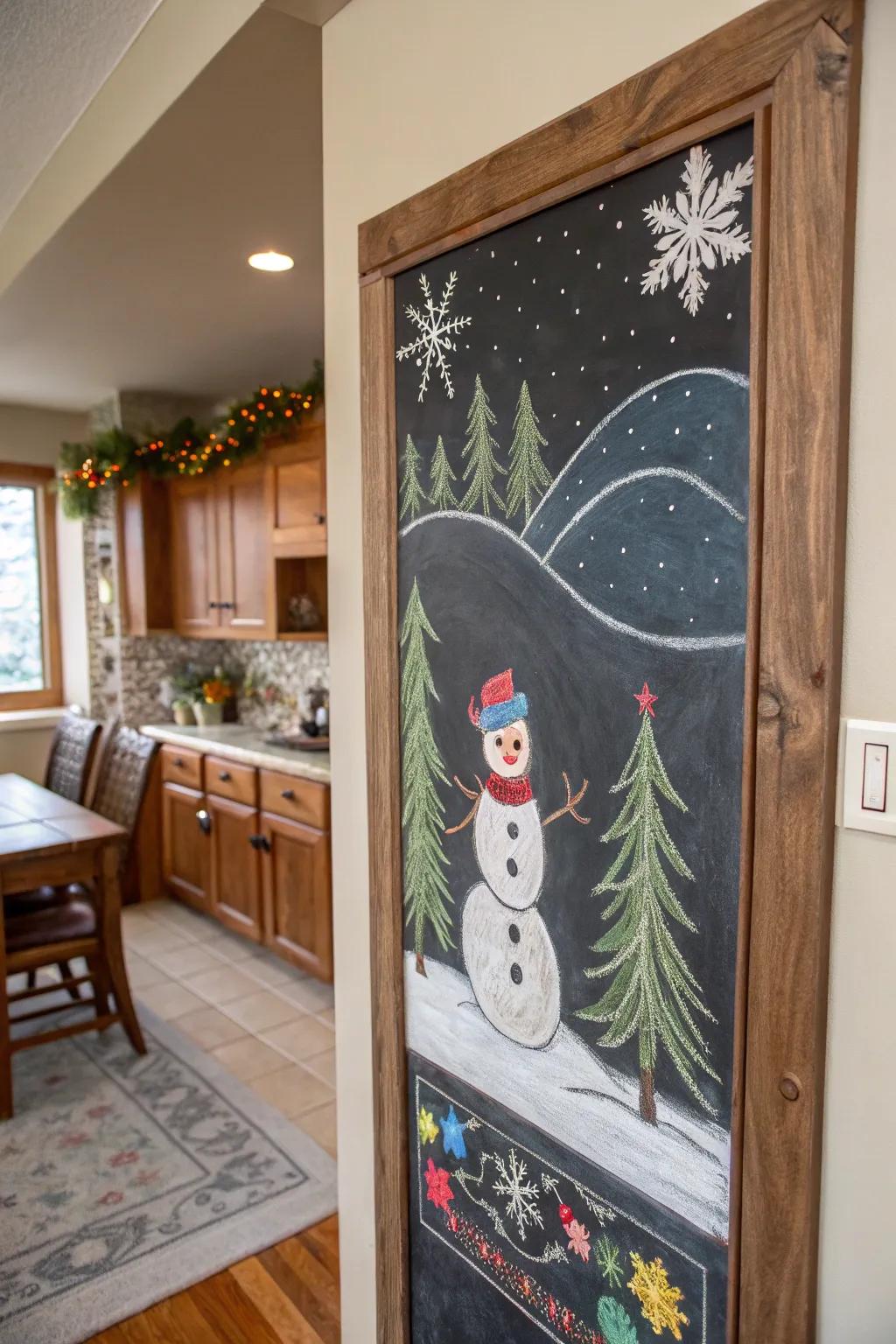 Snowman chalkboard art offers decoration.