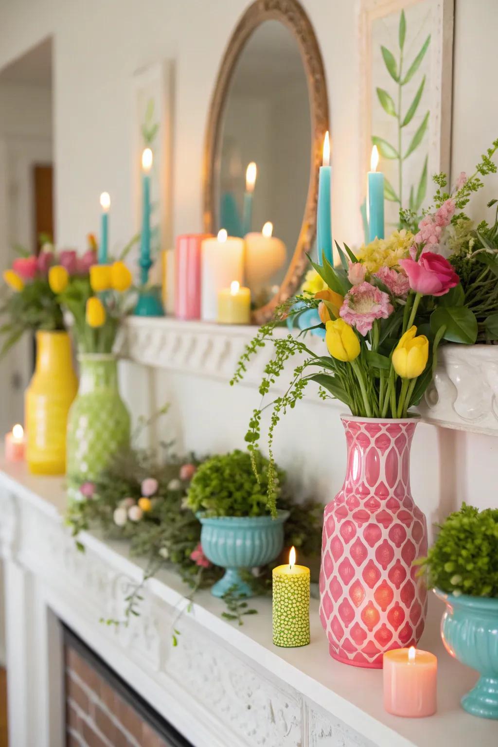 A spring mantel display with varied textures and elevations.