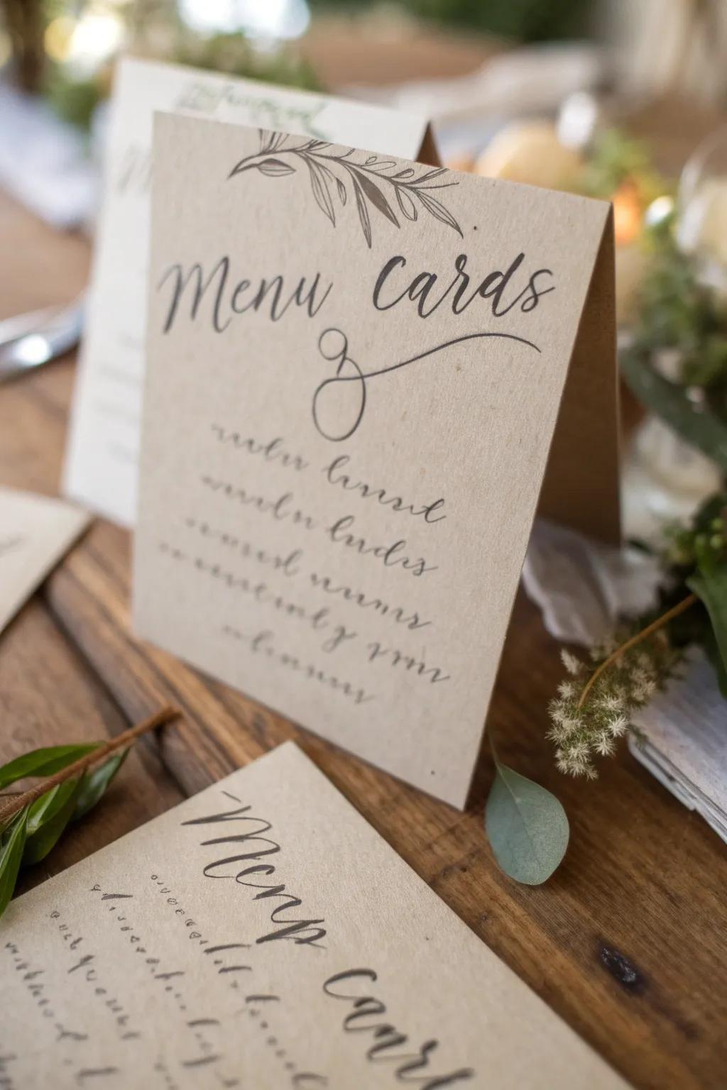 Handwritten menu markers provide a personal and graceful accent.