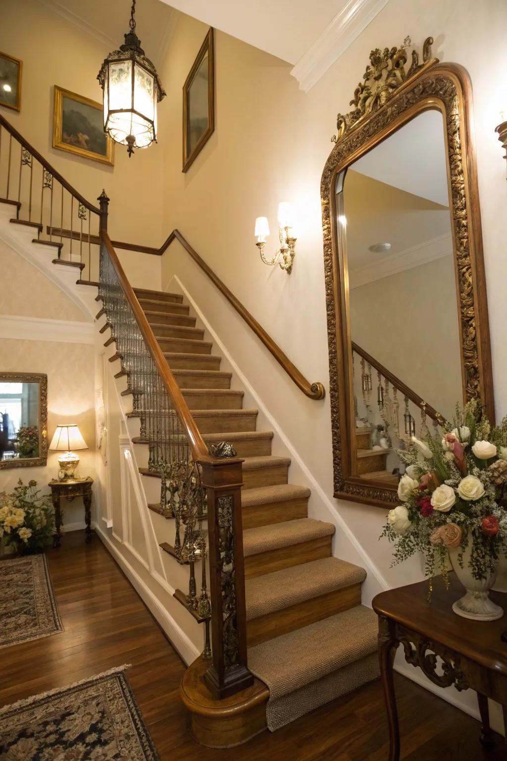 Create interest with vintage finds on your staircase.