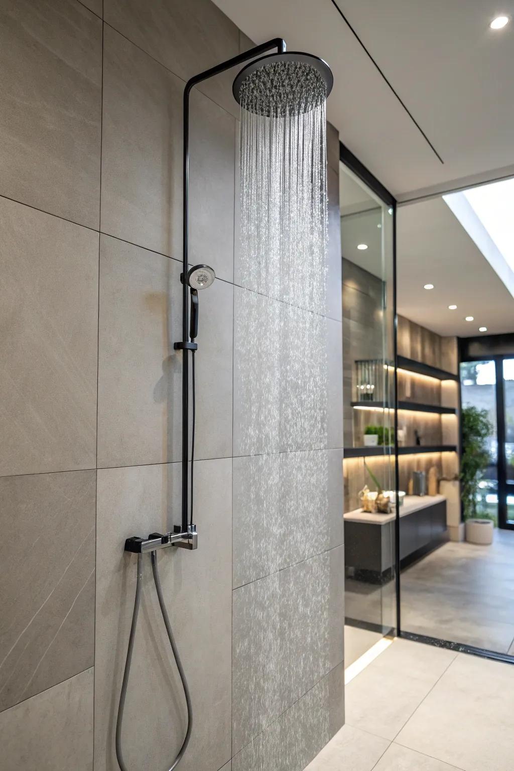 Large tiles give a shower a spacious and seamless appearance.