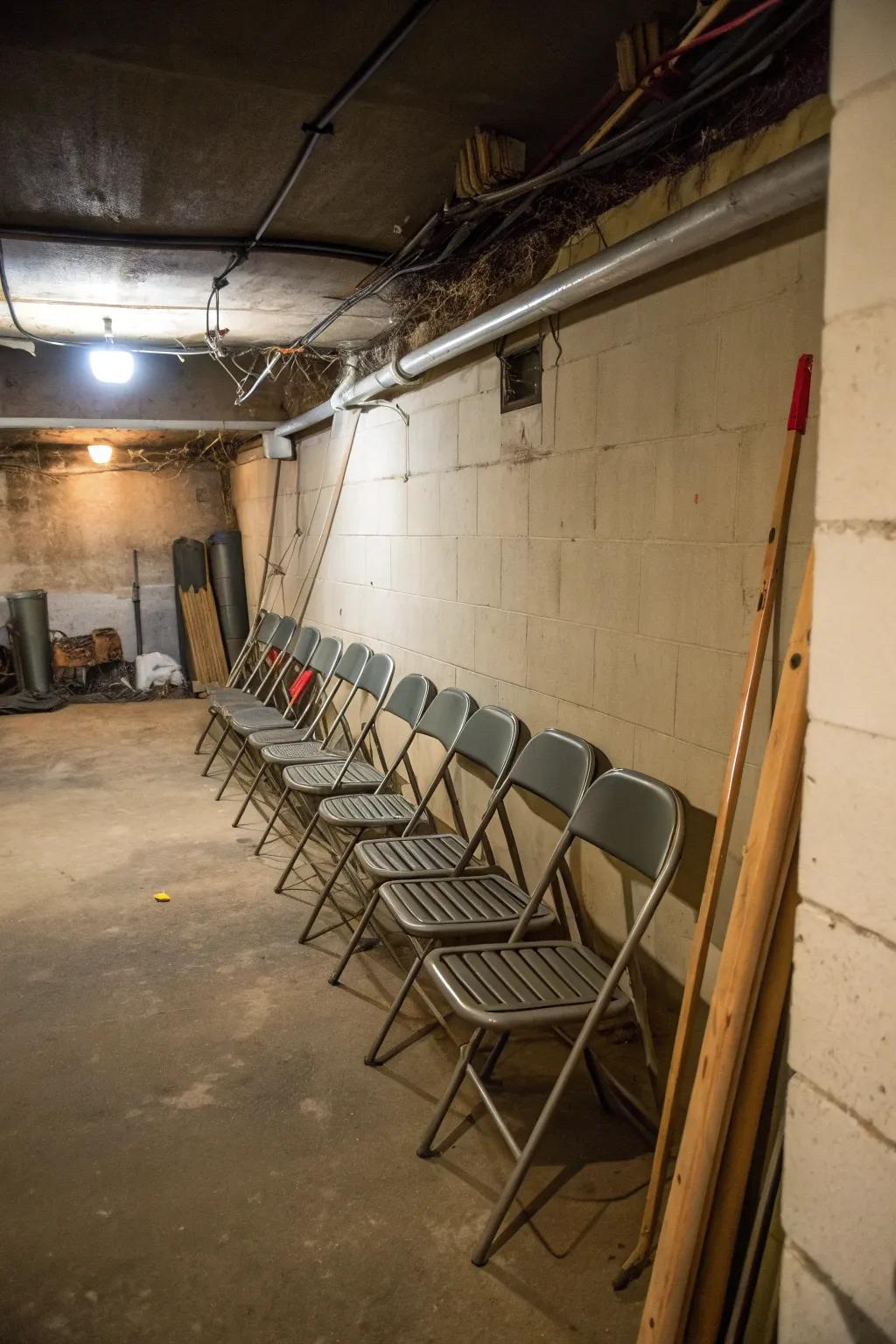 Safeguard folding chairs by storing them within basement crawl spaces.