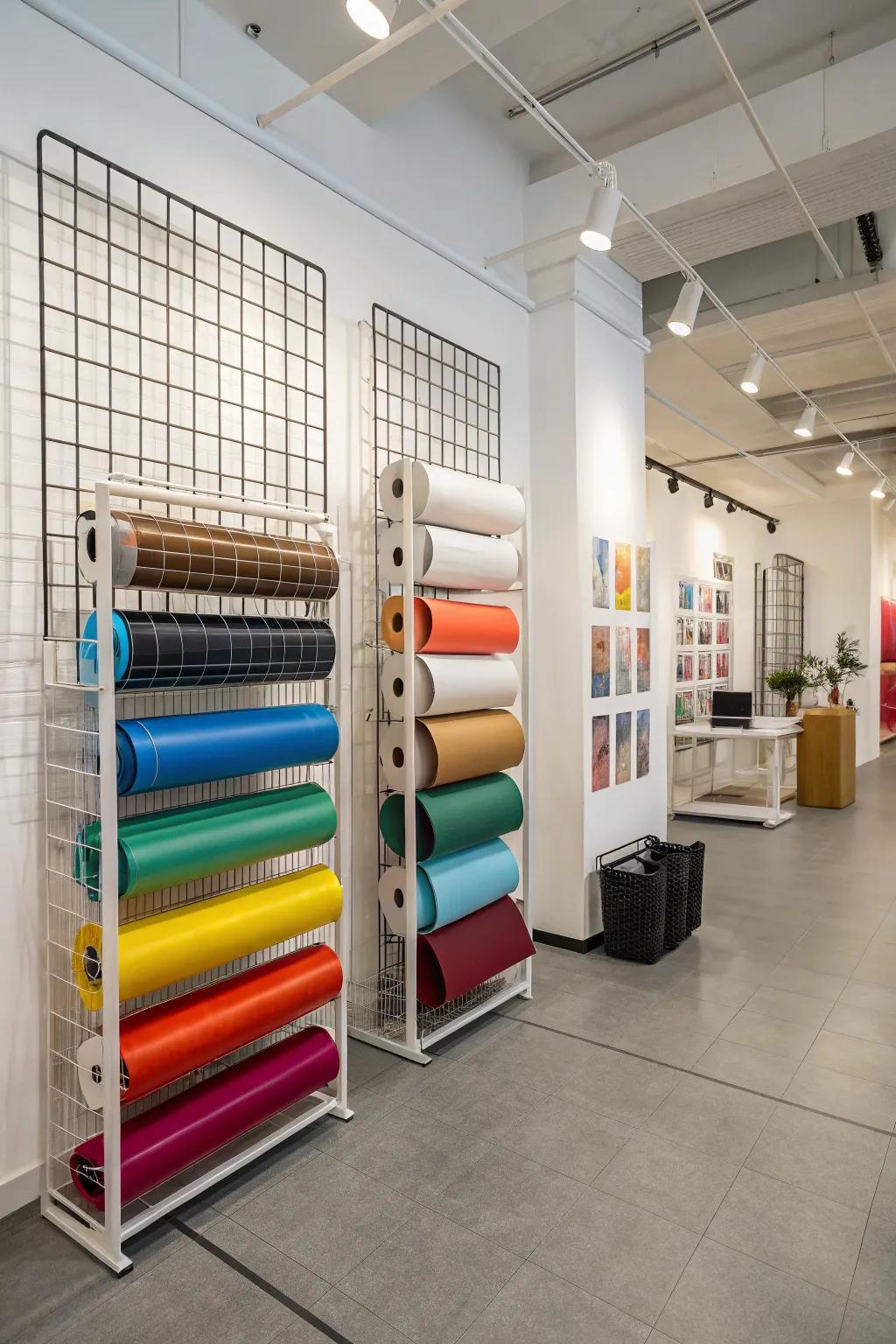 Steel wire grid panels fashion a dynamic arrangement display for vinyl rolls.