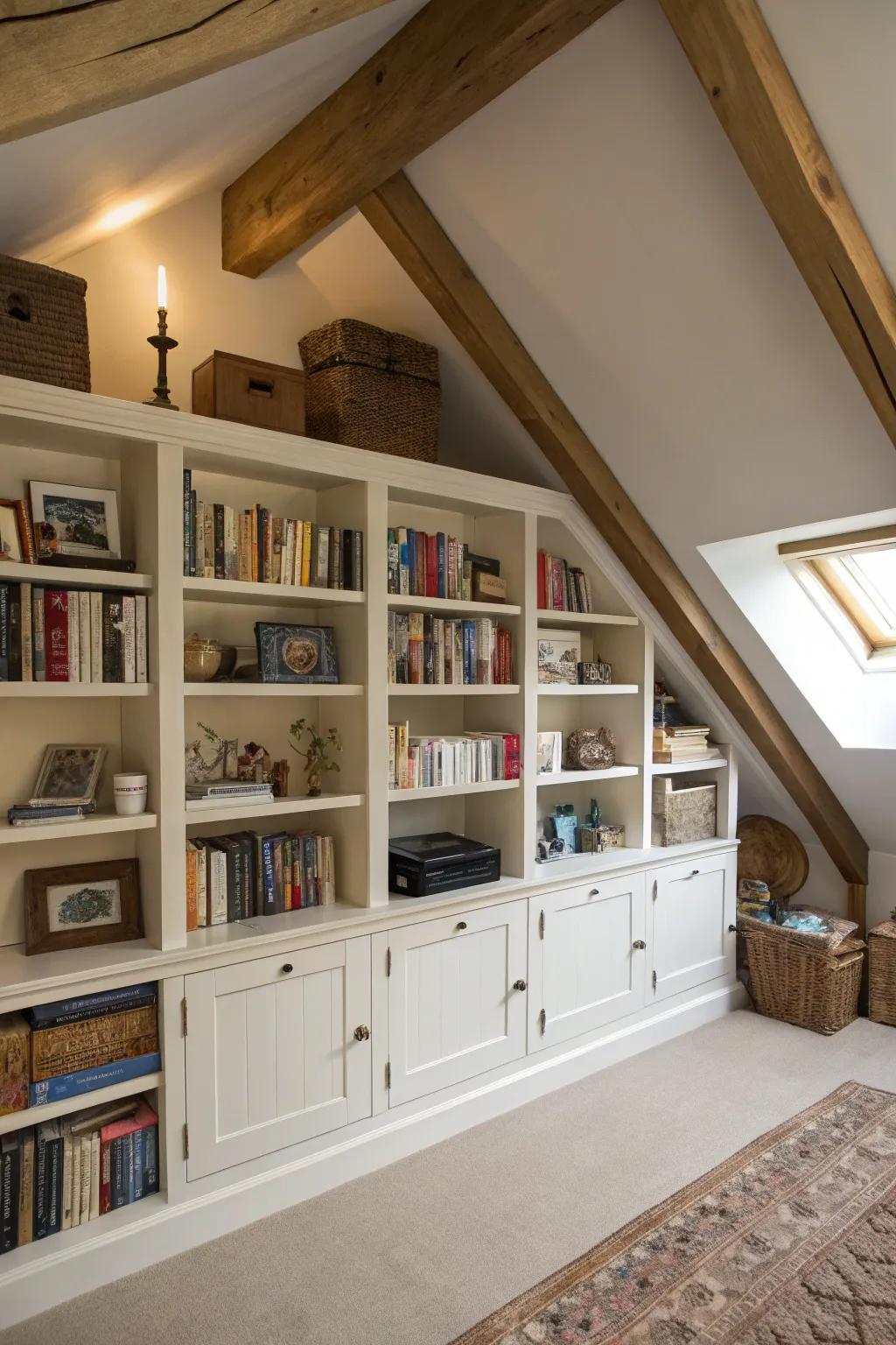 An elegant attic space, repurposed for organized living with bespoke shelving tailored to its unique architecture.
