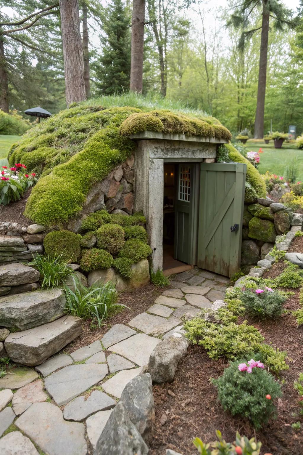 Mossy details contribute a magical, forest-like impression to your storm shelter.