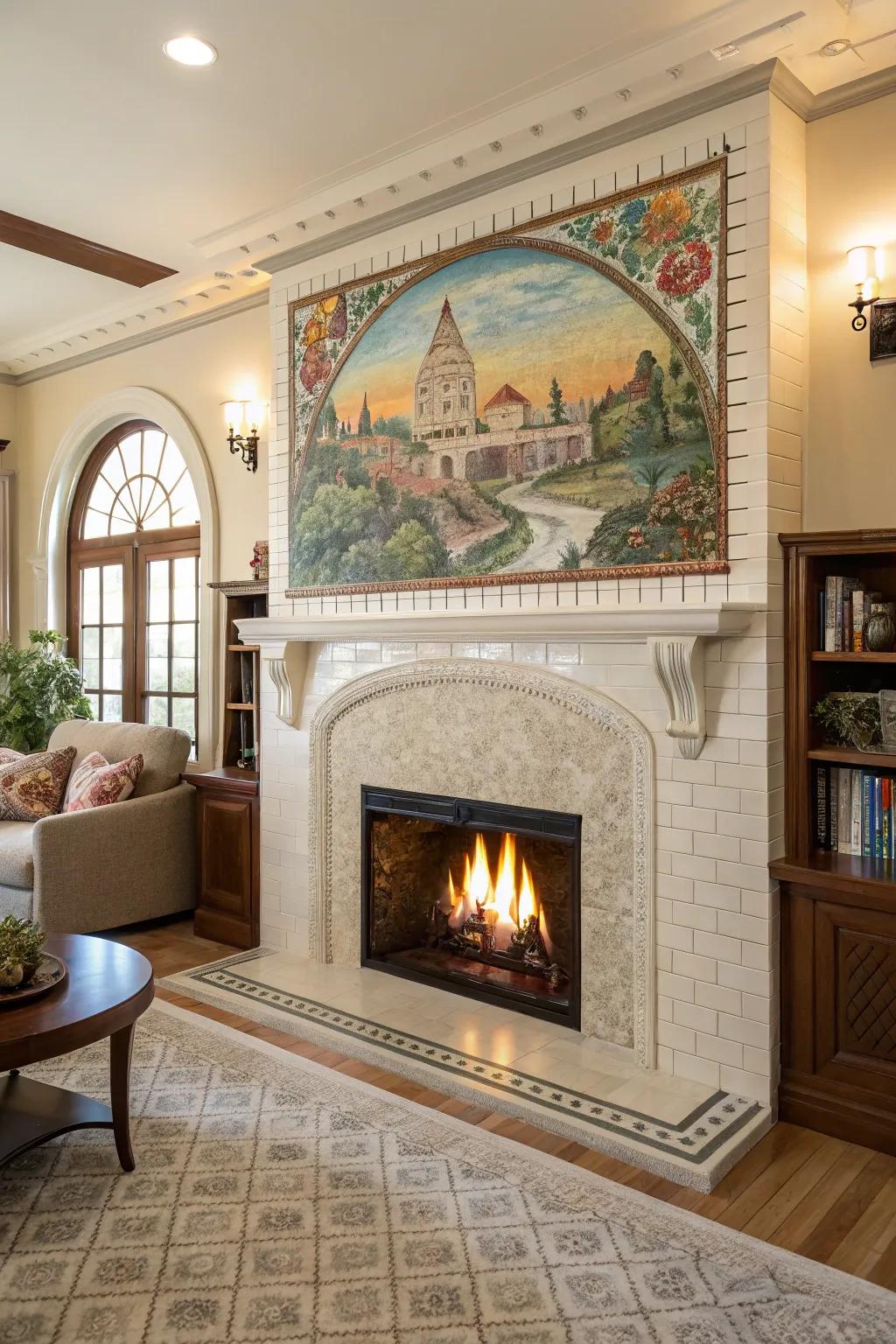 Artistic murals transform this rectangle tile fireplace into a storytelling centerpiece.