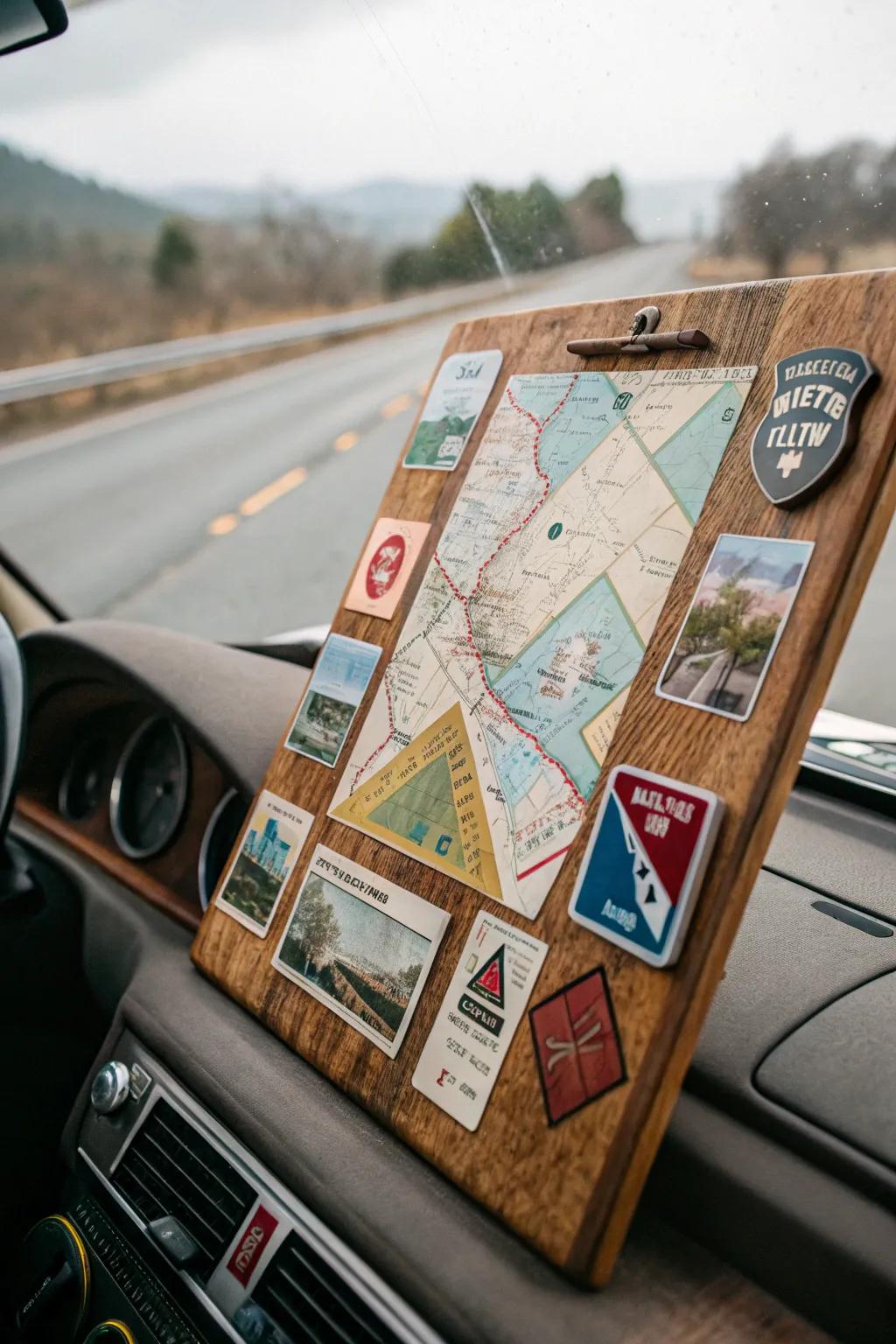 A display capturing the quintessence of a summer road excursion with maps and markers.