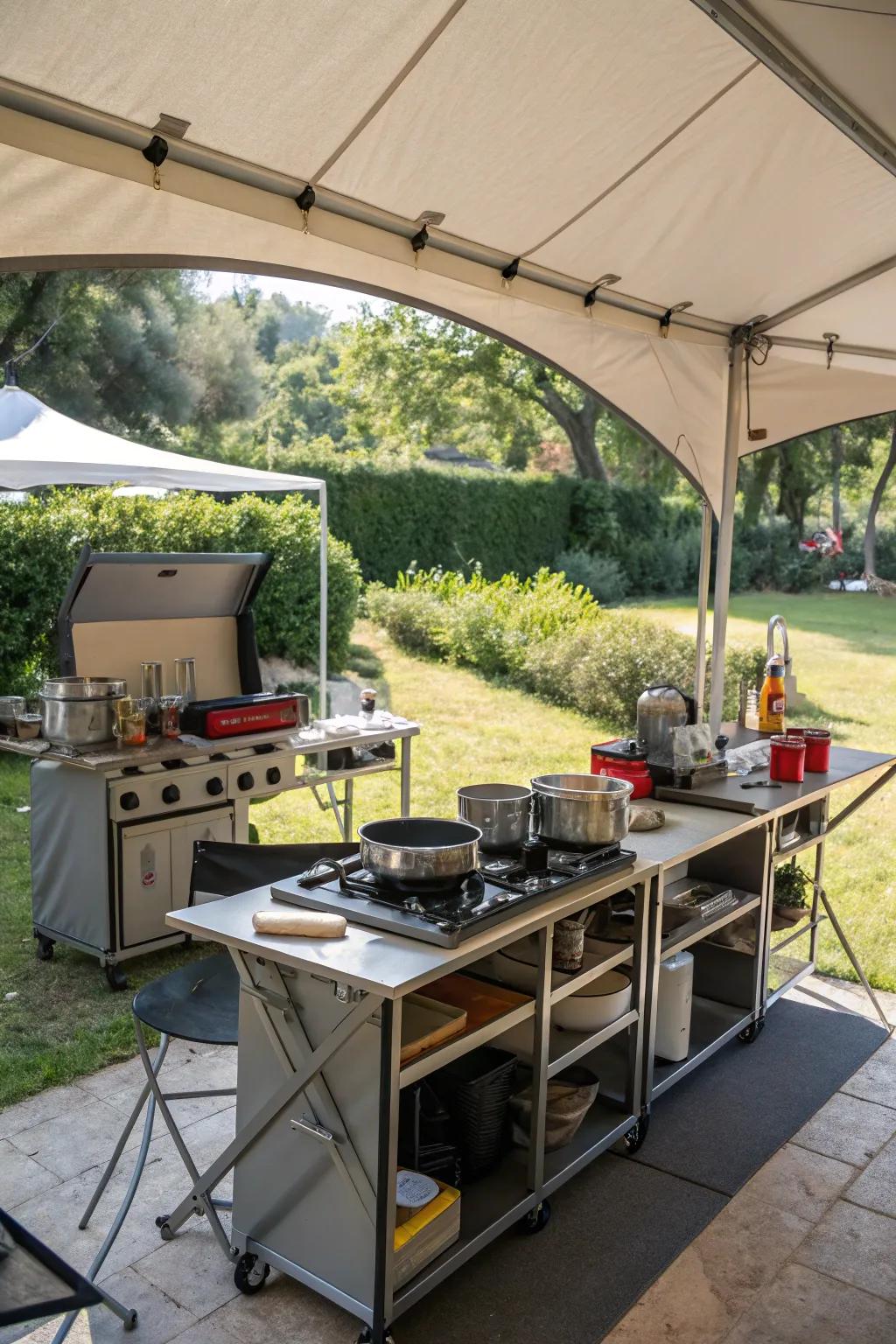 Portable cooking stations add flexibility to outdoor kitchens.