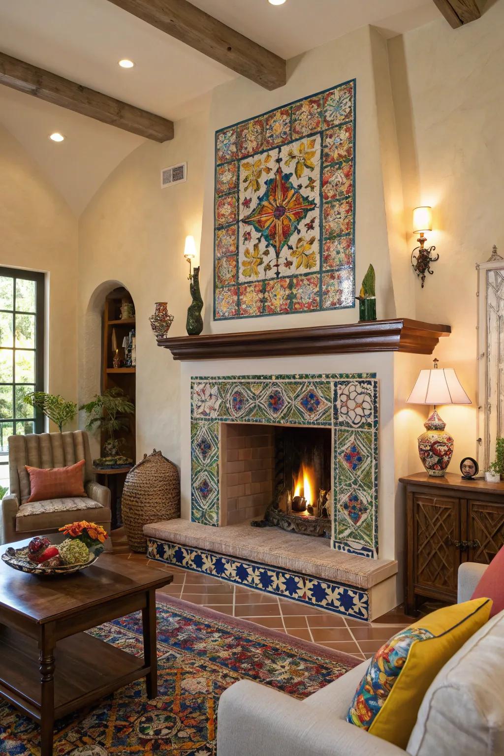 Contribute coziness to your living space with an Artisan Motif-tiled fireplace.