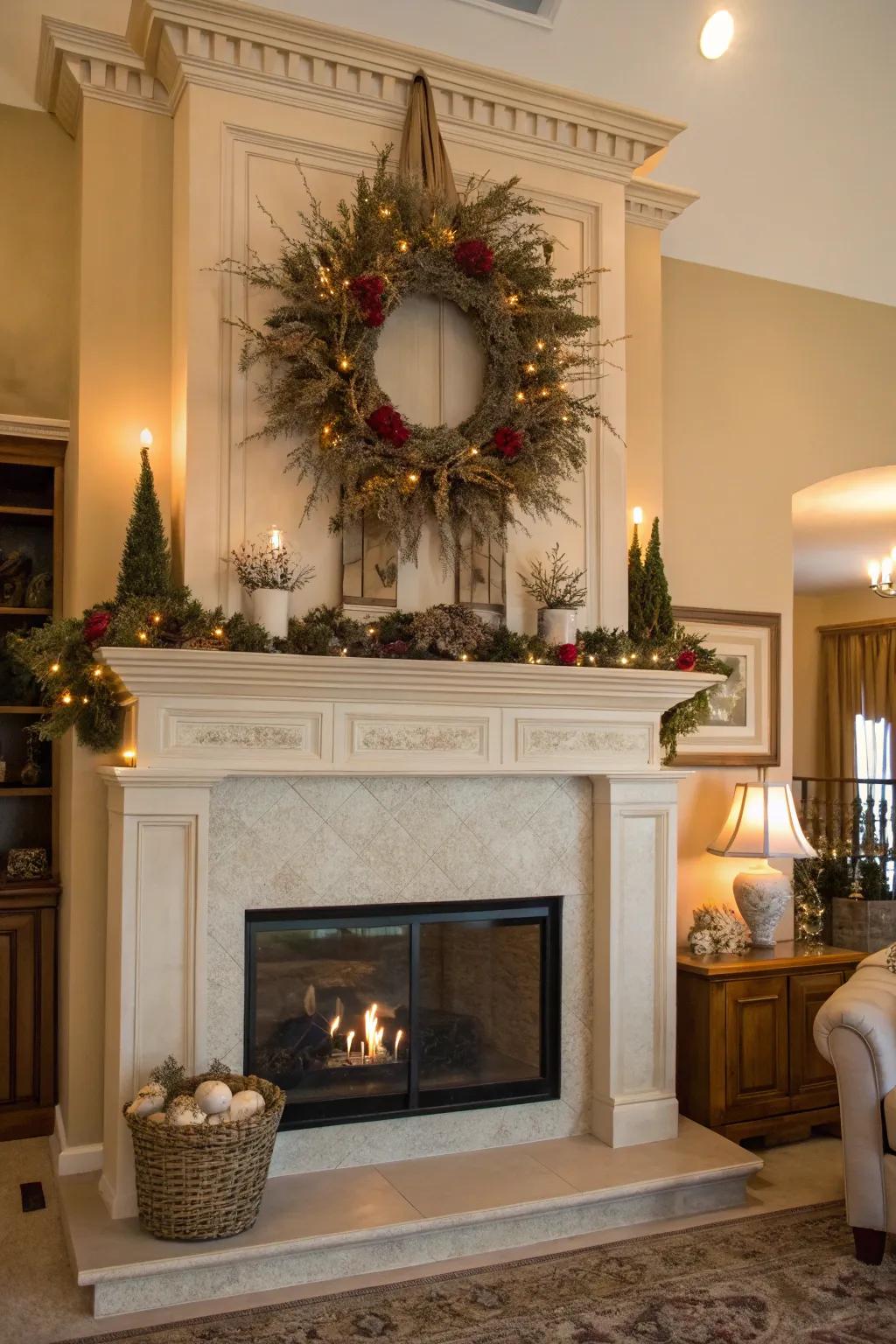 An elevated mantel featuring a seasonal chaplet that imparts a festive nuance.