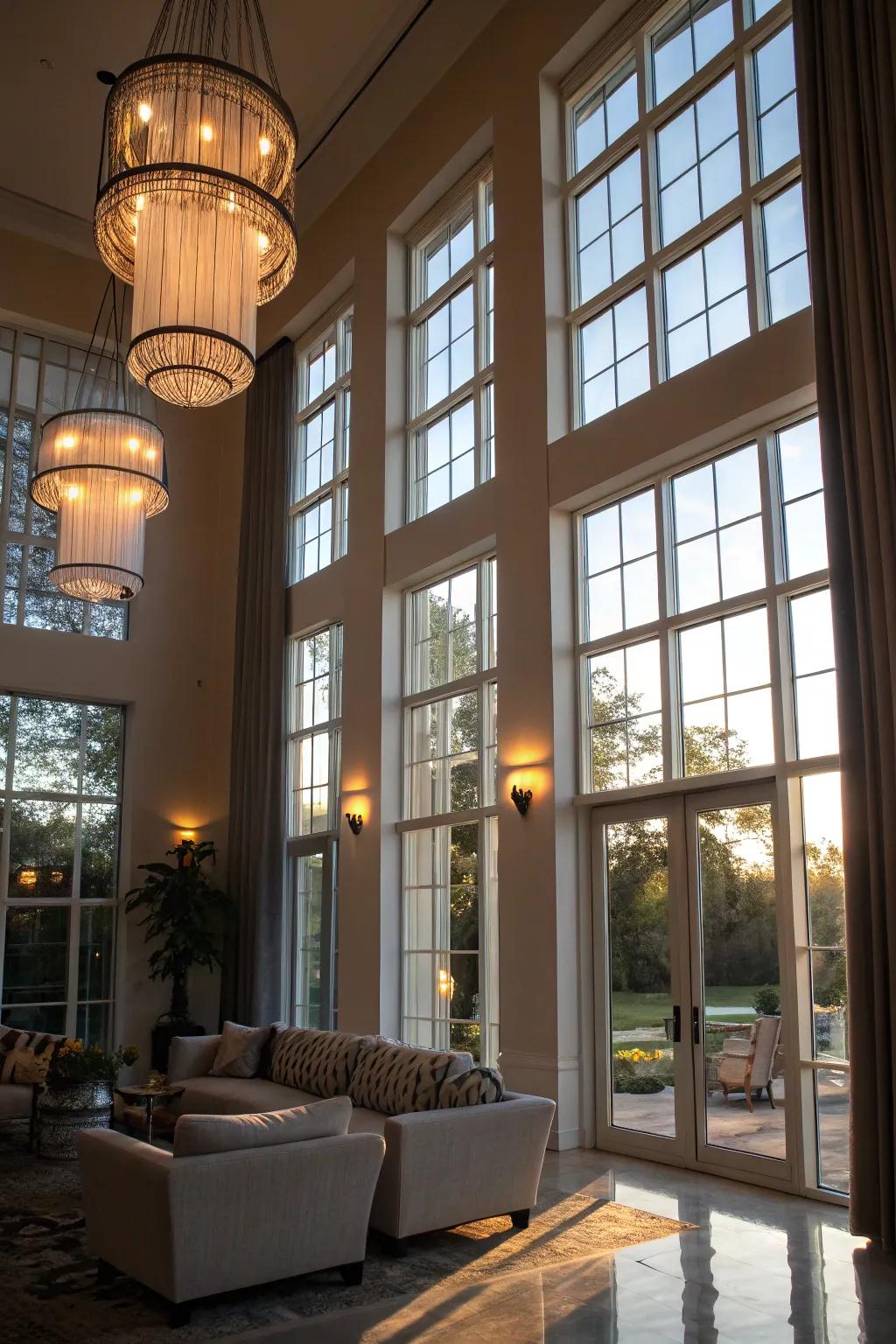Unique illumination fixtures that complement towering windows.