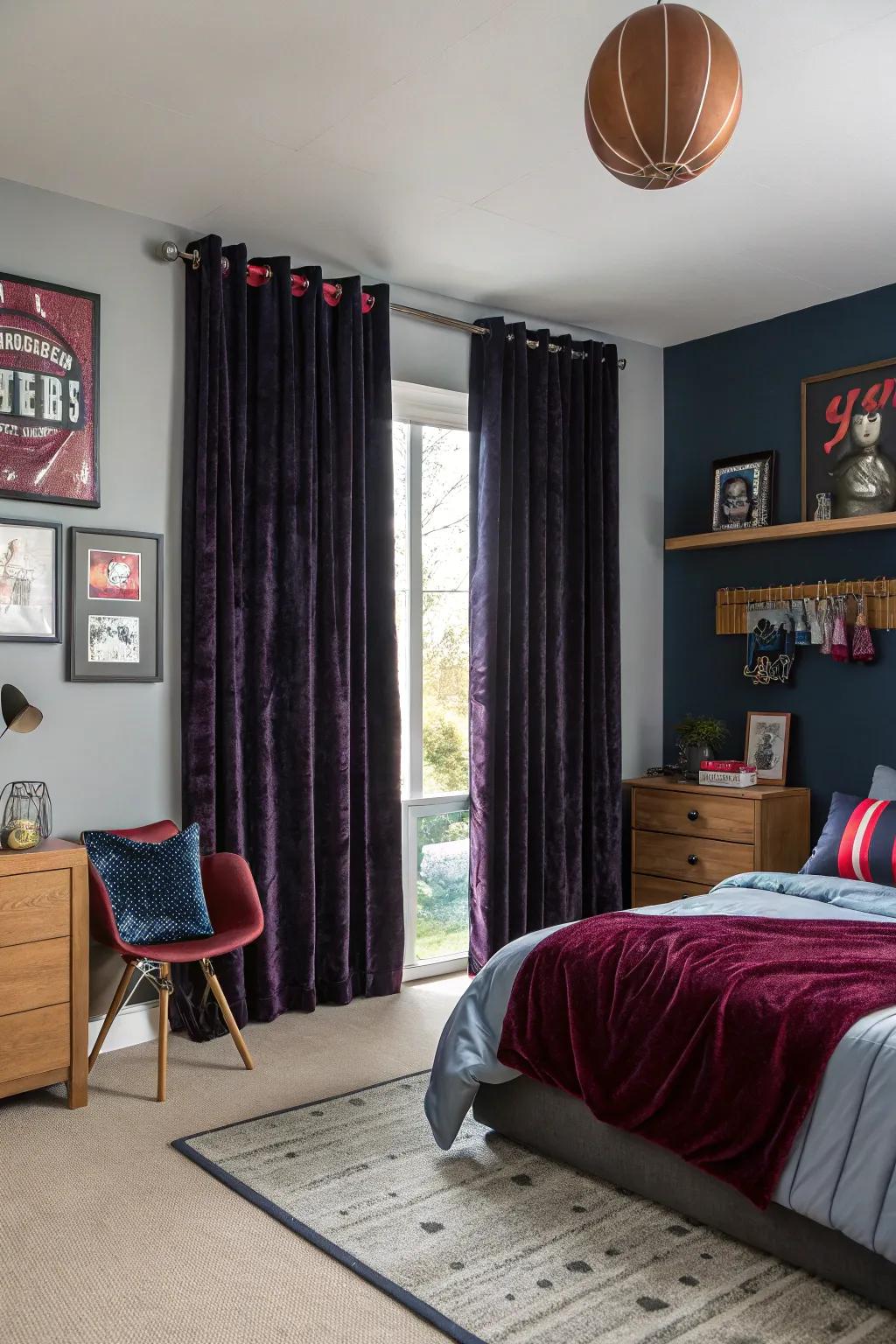 Velvet curtains attach a hint of luxury and warmth.