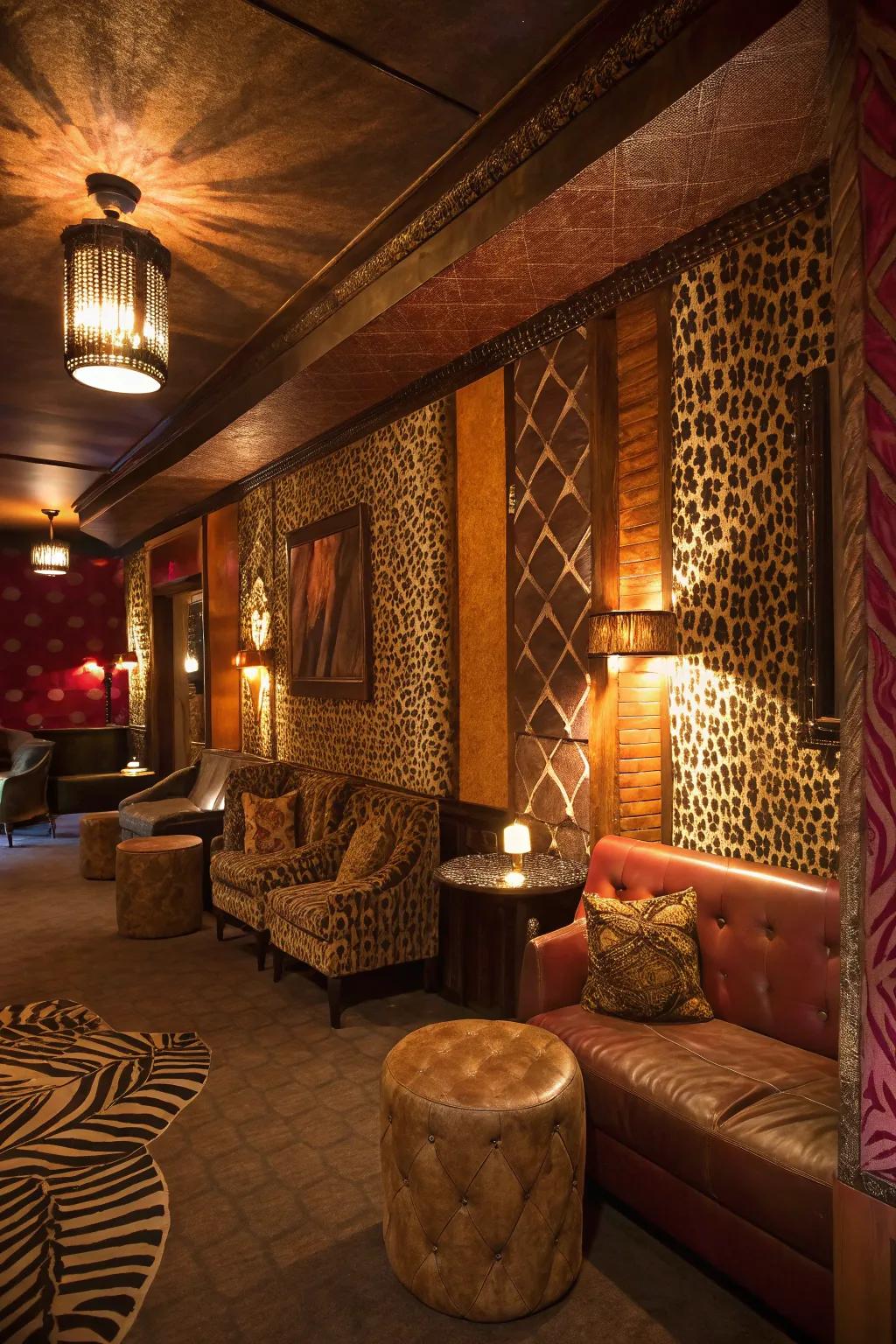 A lounge area showcasing unique animal imitation textured walls.
