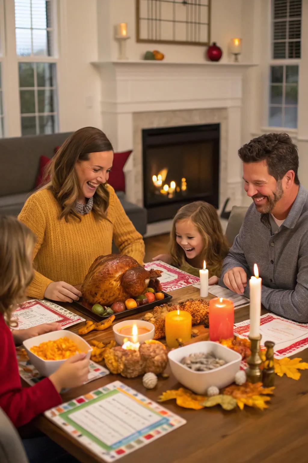 Family members engrossed in deliberation during a cordial Thanksgiving quizzing game.
