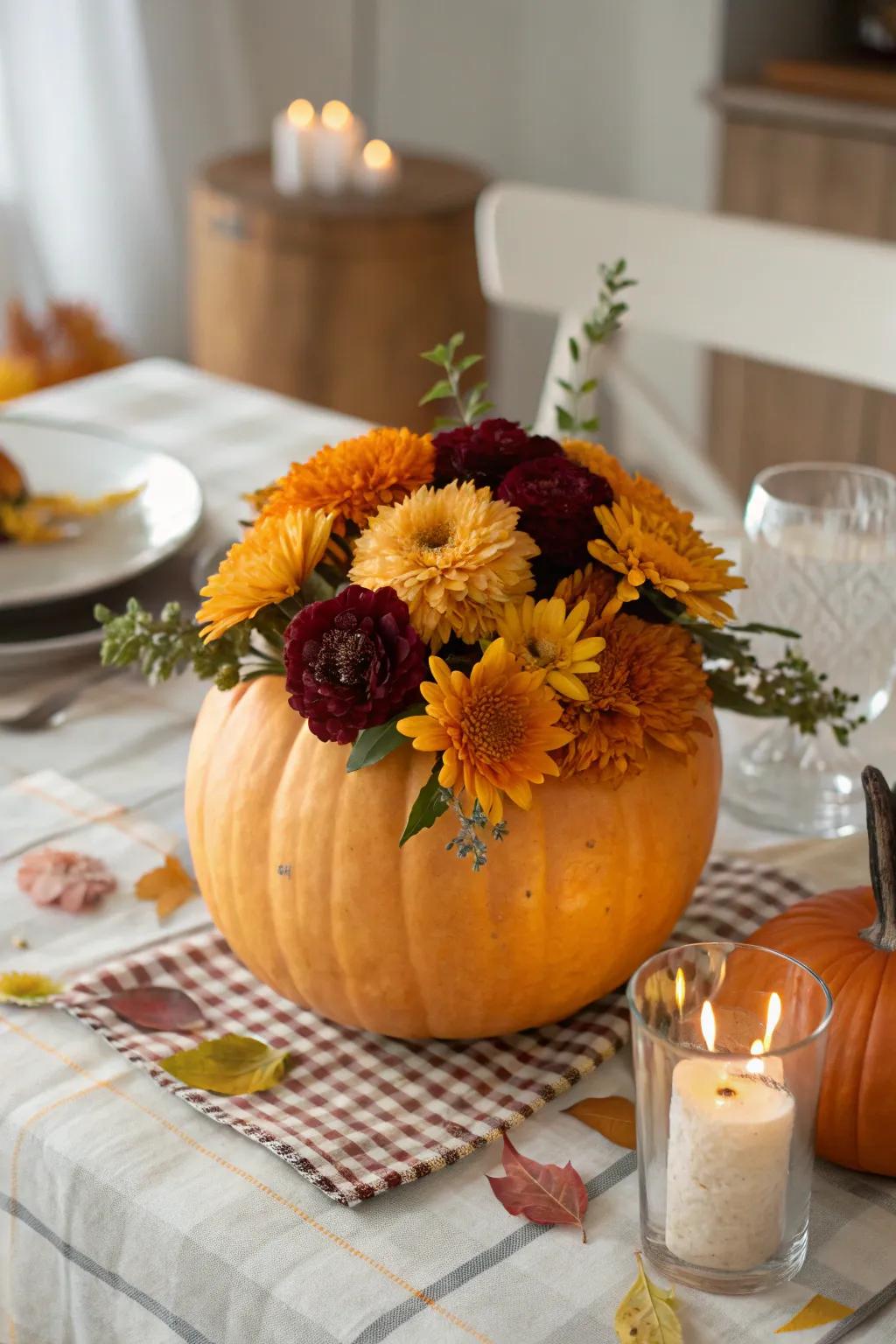 Versatile pumpkin vases for fresh botanical presentations.