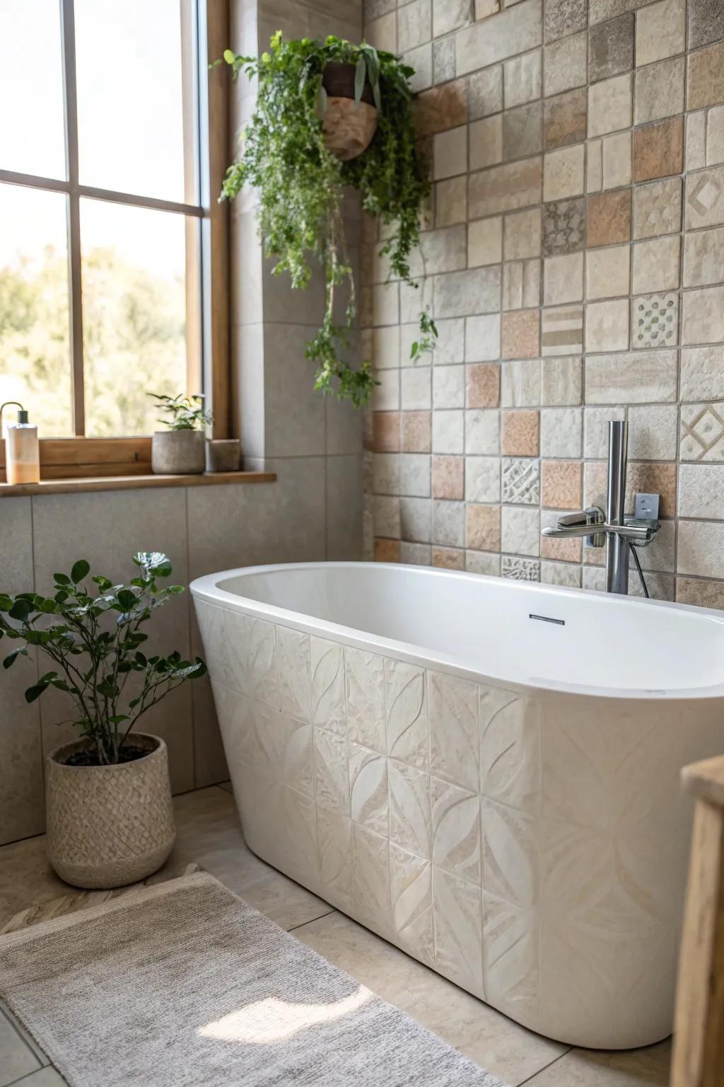 Elevate your bathroom through the organic charm of sculpted surfaces, harmonizing Scandinavian minimalism with a boho twist.