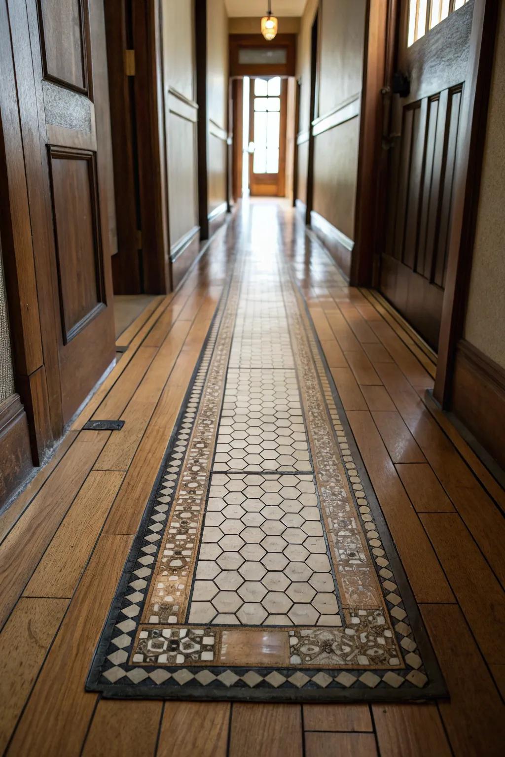 A tiled doormat fashions a practical transition into a timber surface.