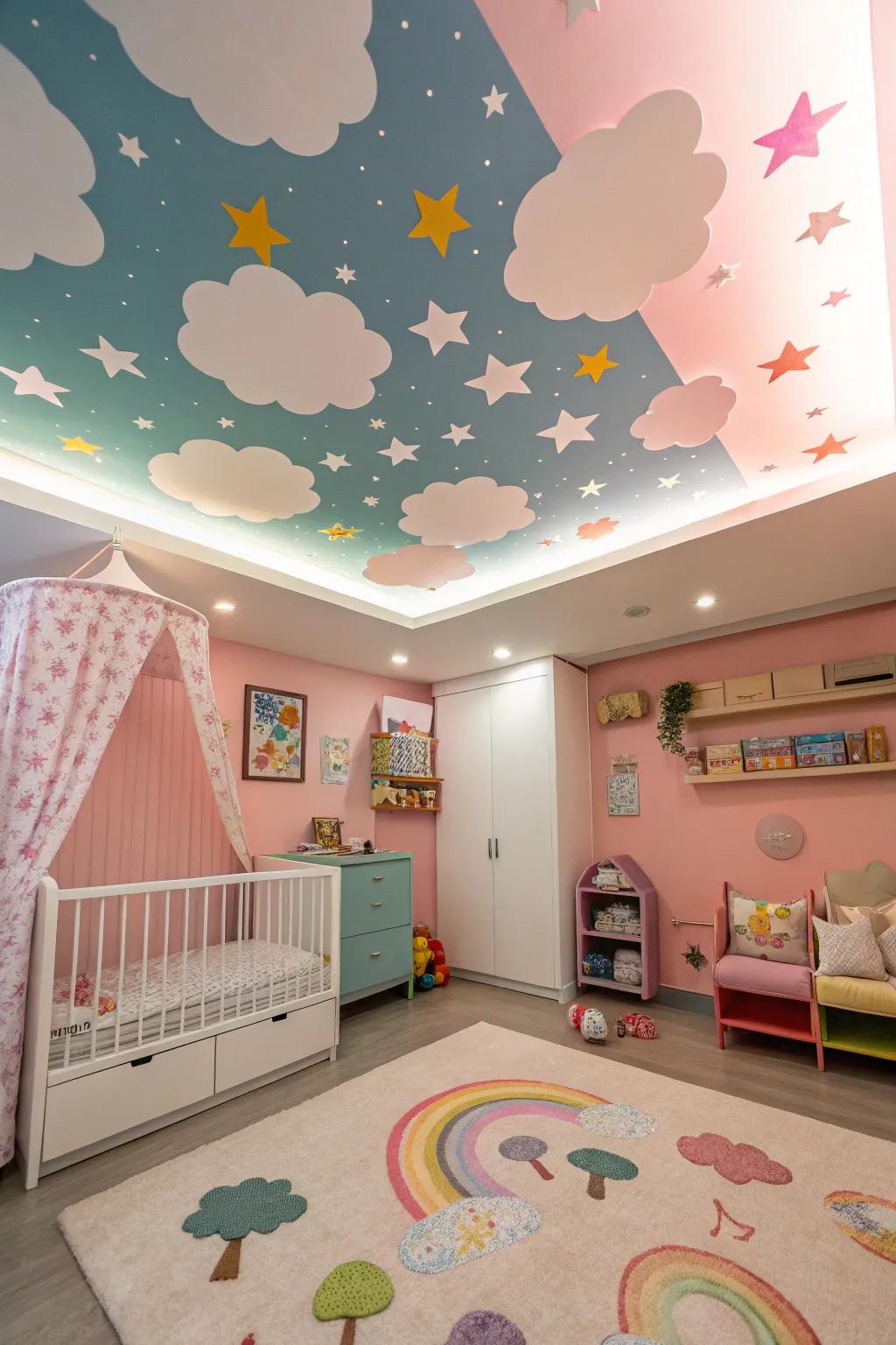 A kaleidoscopic overhead mural appends an element of surprise.