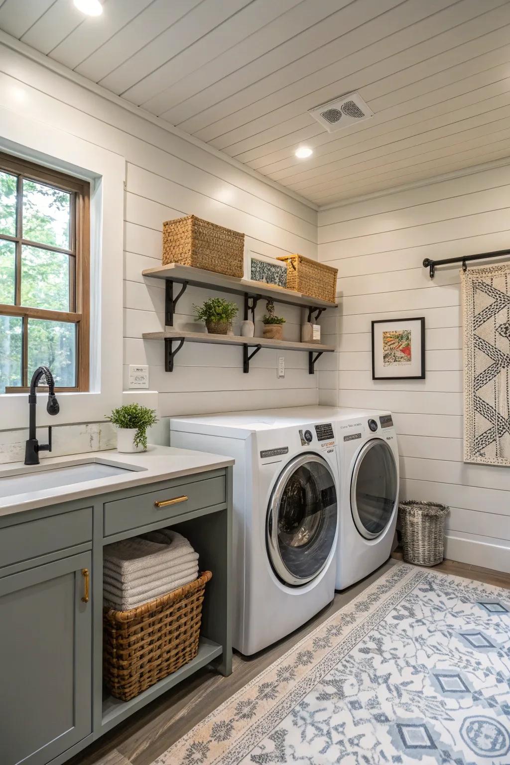 Painted plank walls convey design to this laundry quarters.