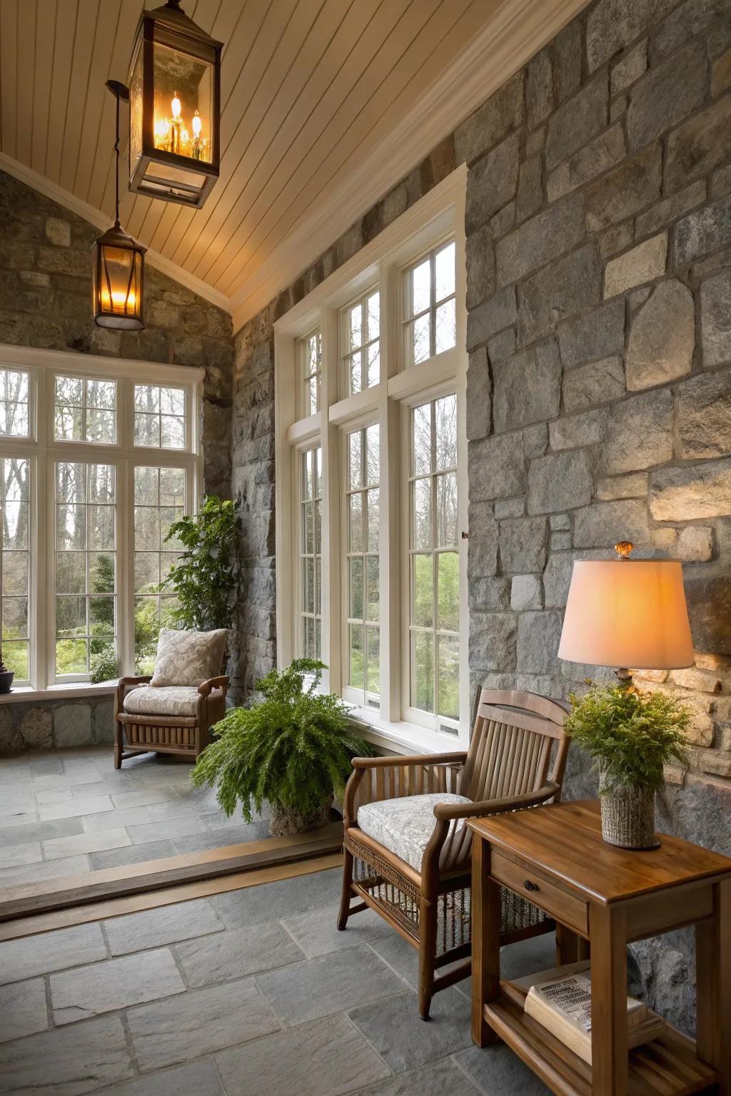 Granite walls in a sunroom echoing the elegance of natural granite.
