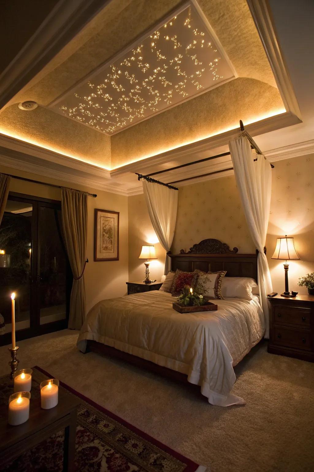 A romantic room showcases a tray ceiling enhanced by recessed illumination.
