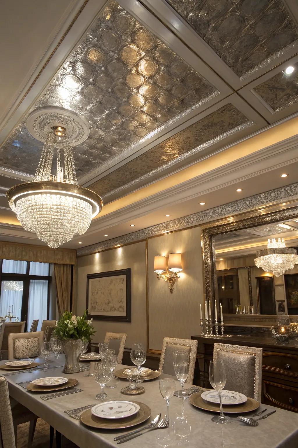 An upscale dining space features a reflective metallic tray ceiling.