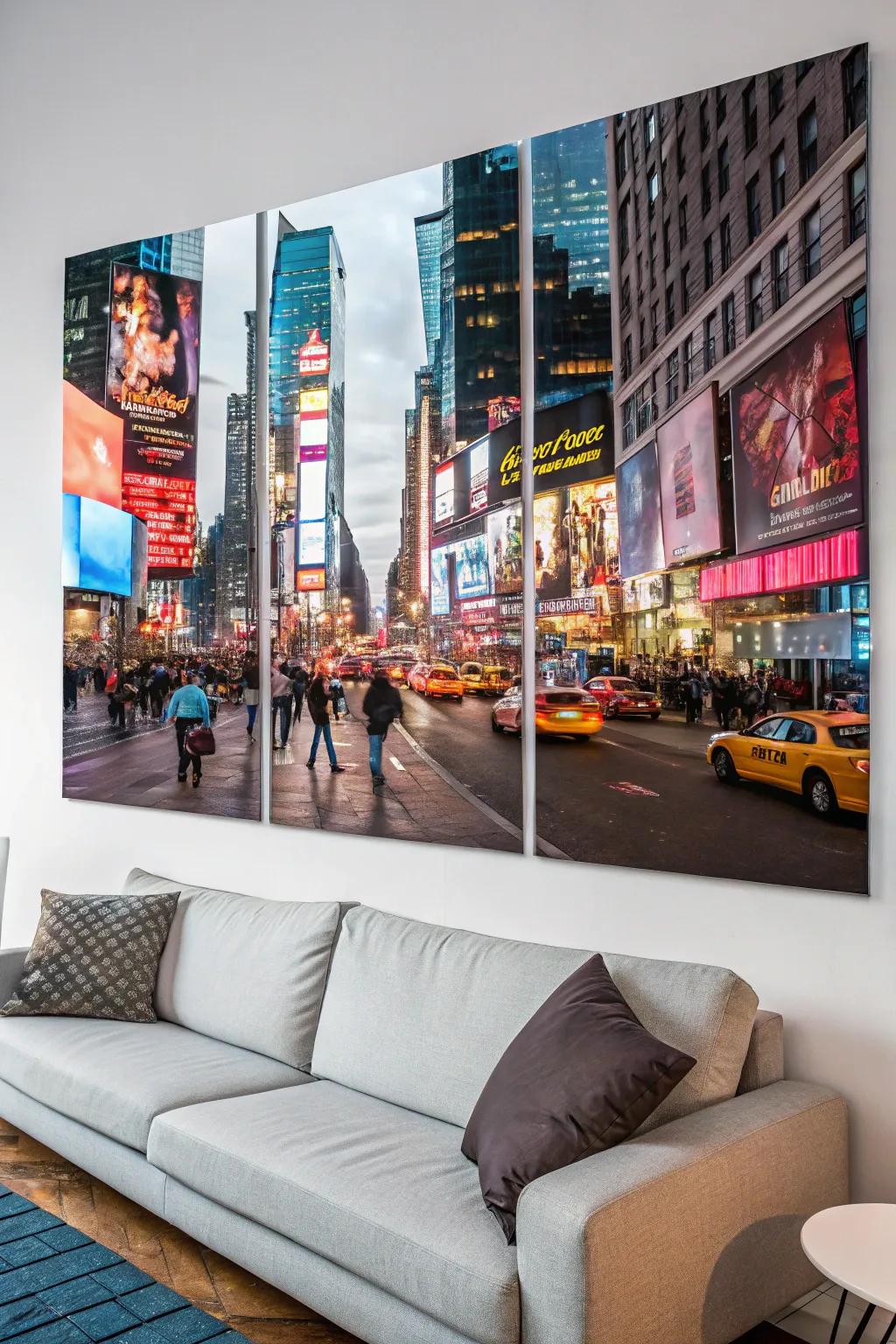 Busy city captured in a bright triptych.