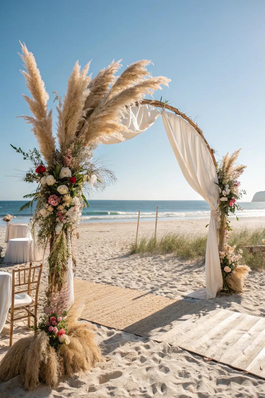 A bohemian wedding arch with elegant prairie grass.