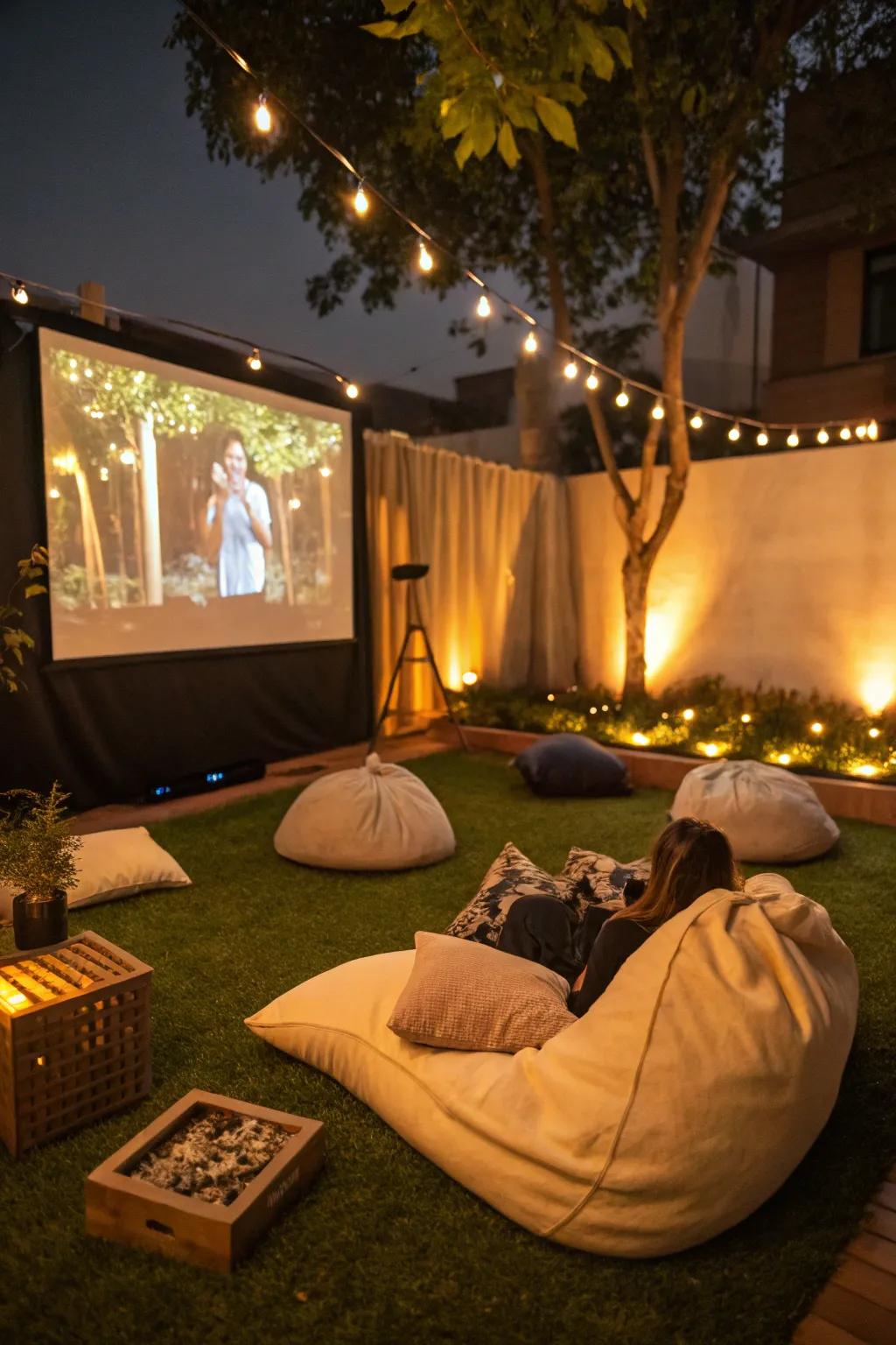 An enchanting movie night arrangement upon synthetic lawn.