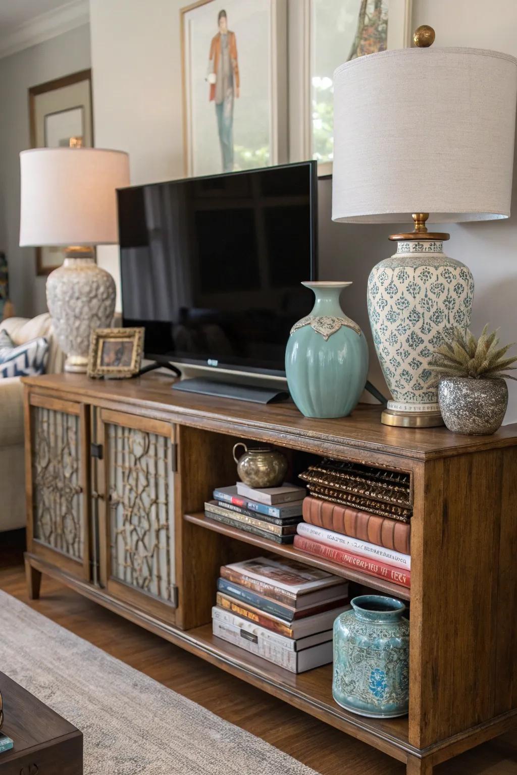 A varied assortment of styles and objects assembled on a media console.