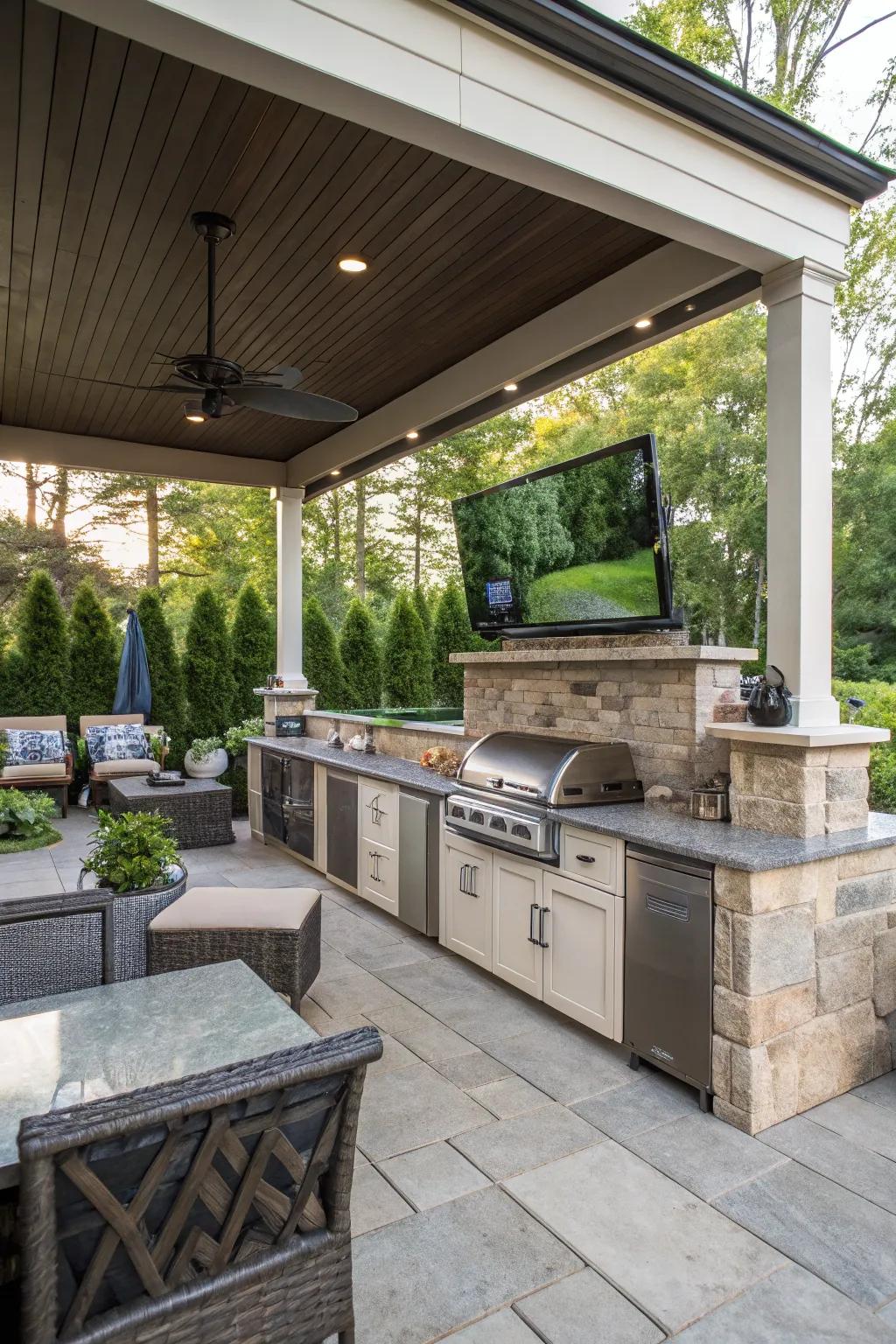 An outdoor cooking area with a visual entertainment system, blending indoor comfort with outdoor entertainment.