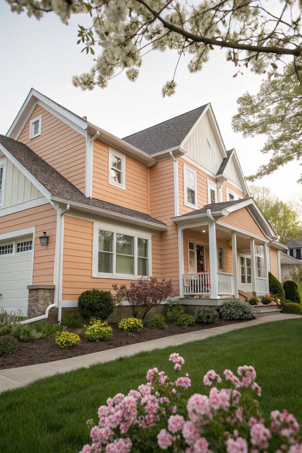 Salmon and white create a gentle, welcoming facade.
