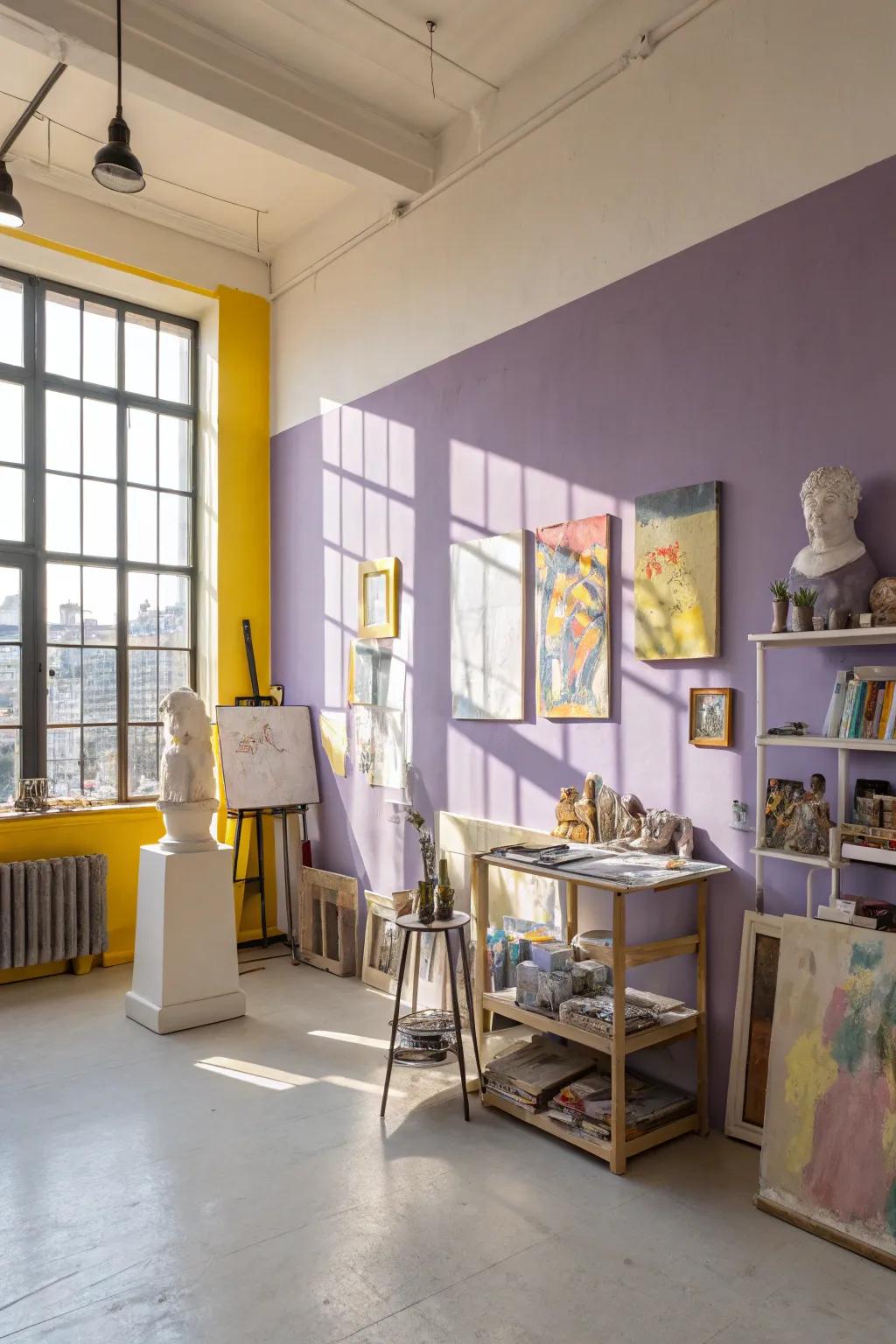 Art studio with unexpected pastel two-toned walls.