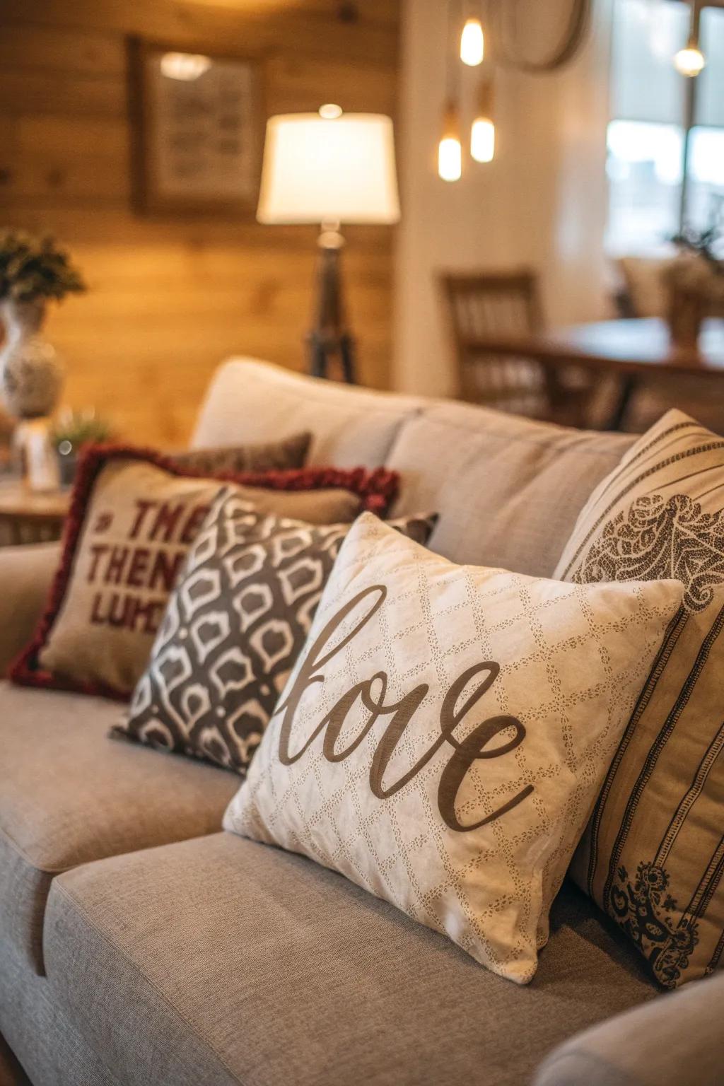 Letterforms on textiles contribute unexpected charm.