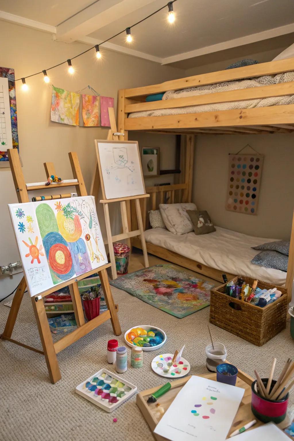 An inspiring art studio underneath the bunk bed.
