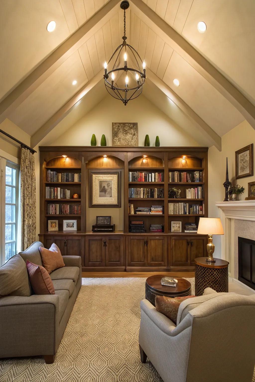 Living room featuring a vaulted ceiling and integrated shelving