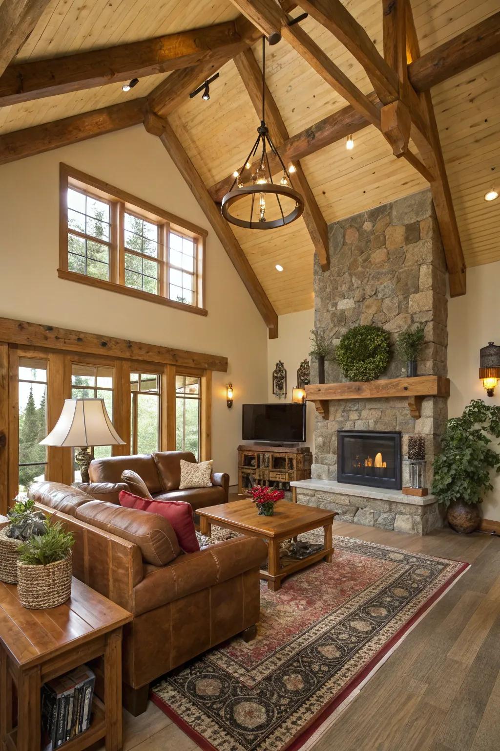 A nature-inspired layout using Natural Timber Sides against a vaulted ceiling.