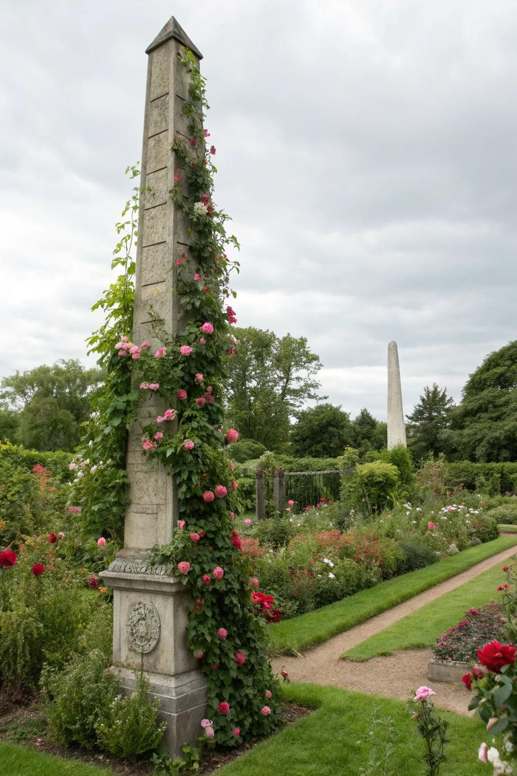 Obelisk trellises add vertical beauty to your garden.