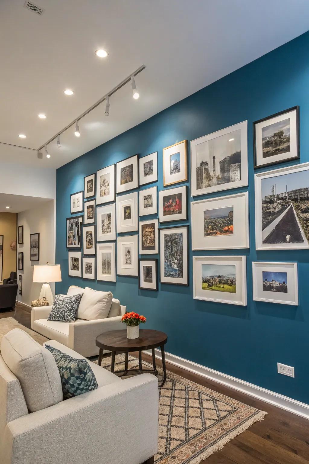 A gallery presentation over a saturated wall color
