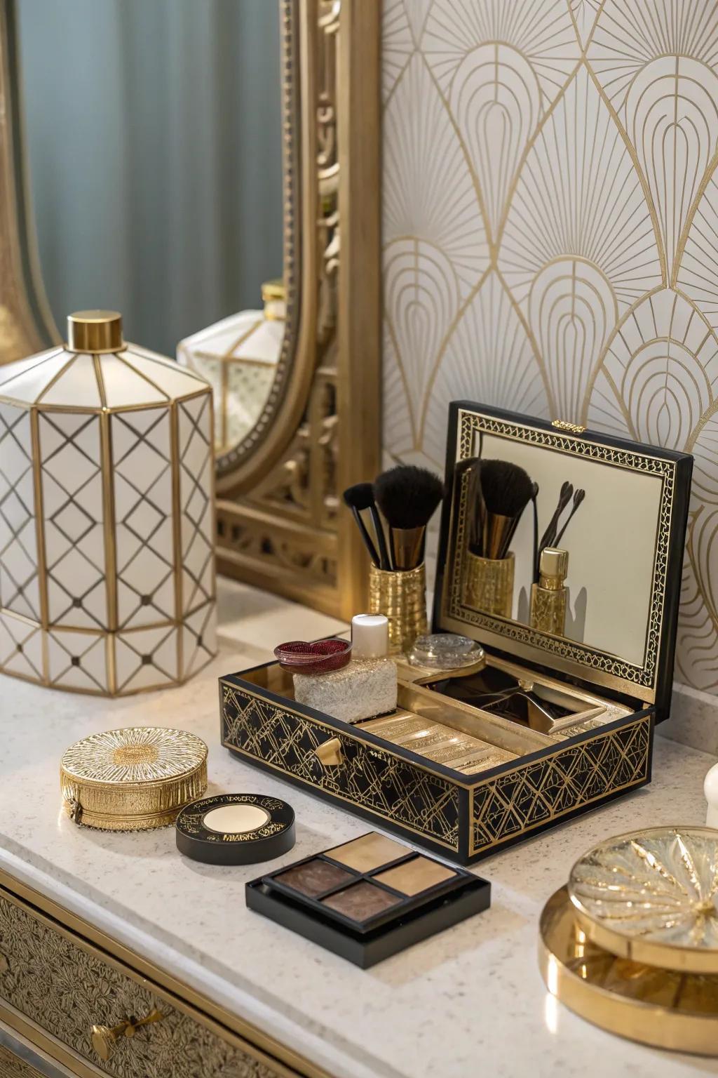 A themed configuration furnishes a cohesive and stunning antique dressing table aesthetic.